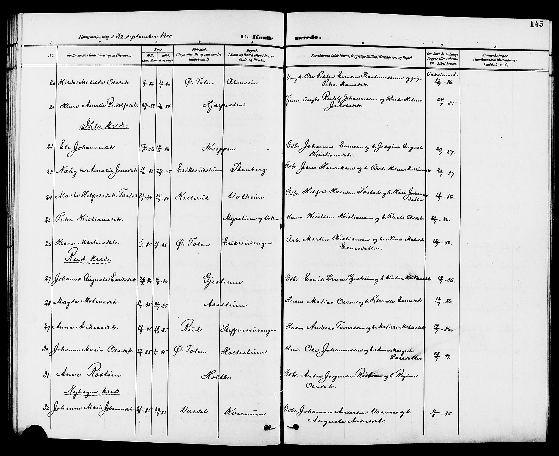 Vestre Toten prestekontor, SAH/PREST-108/H/Ha/Hab/L0010: Parish register (copy) no. 10, 1900-1912, p. 145