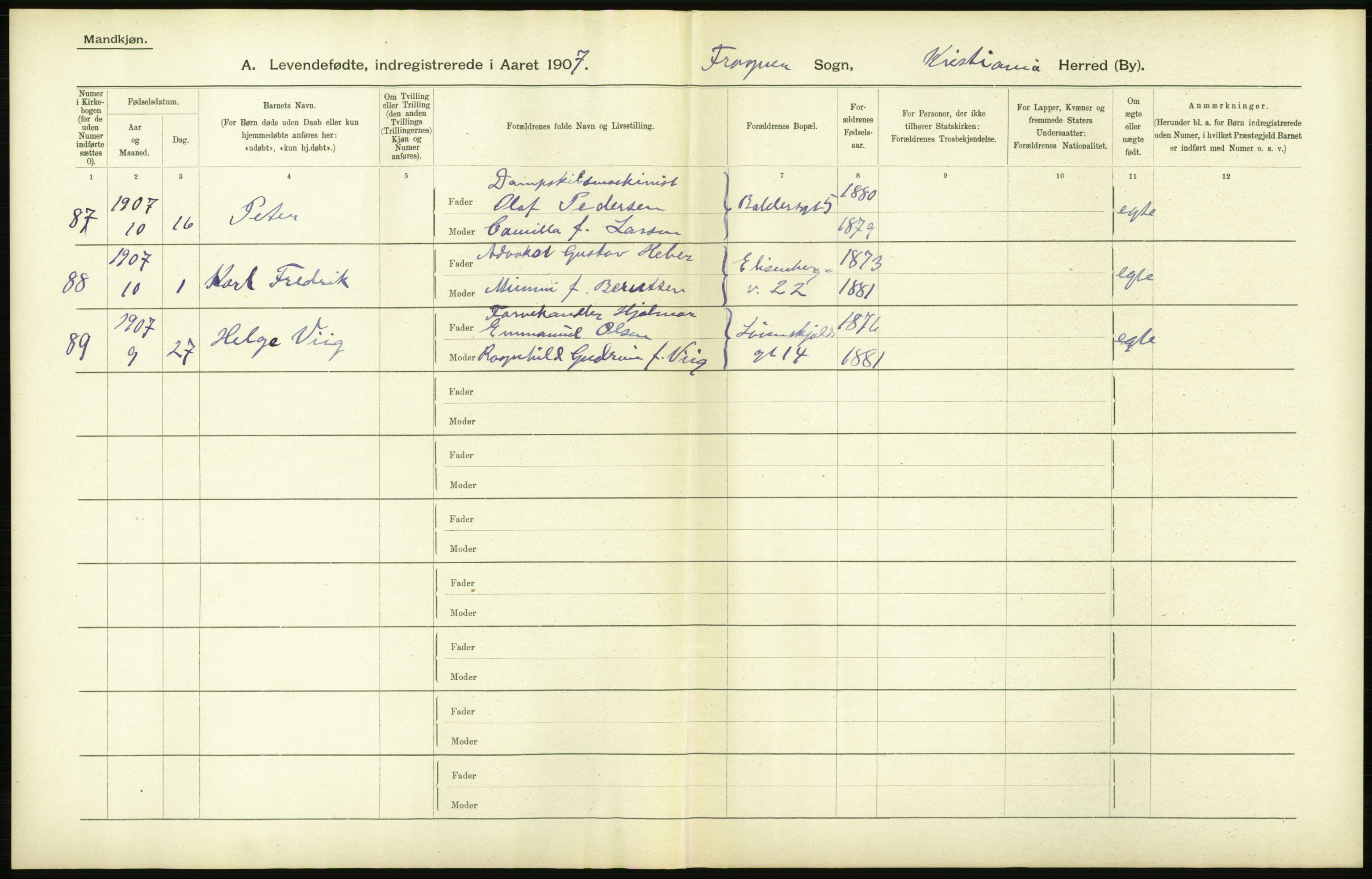 Statistisk sentralbyrå, Sosiodemografiske emner, Befolkning, AV/RA-S-2228/D/Df/Dfa/Dfae/L0006: Kristiania: Levendefødte menn og kvinner., 1907, p. 210