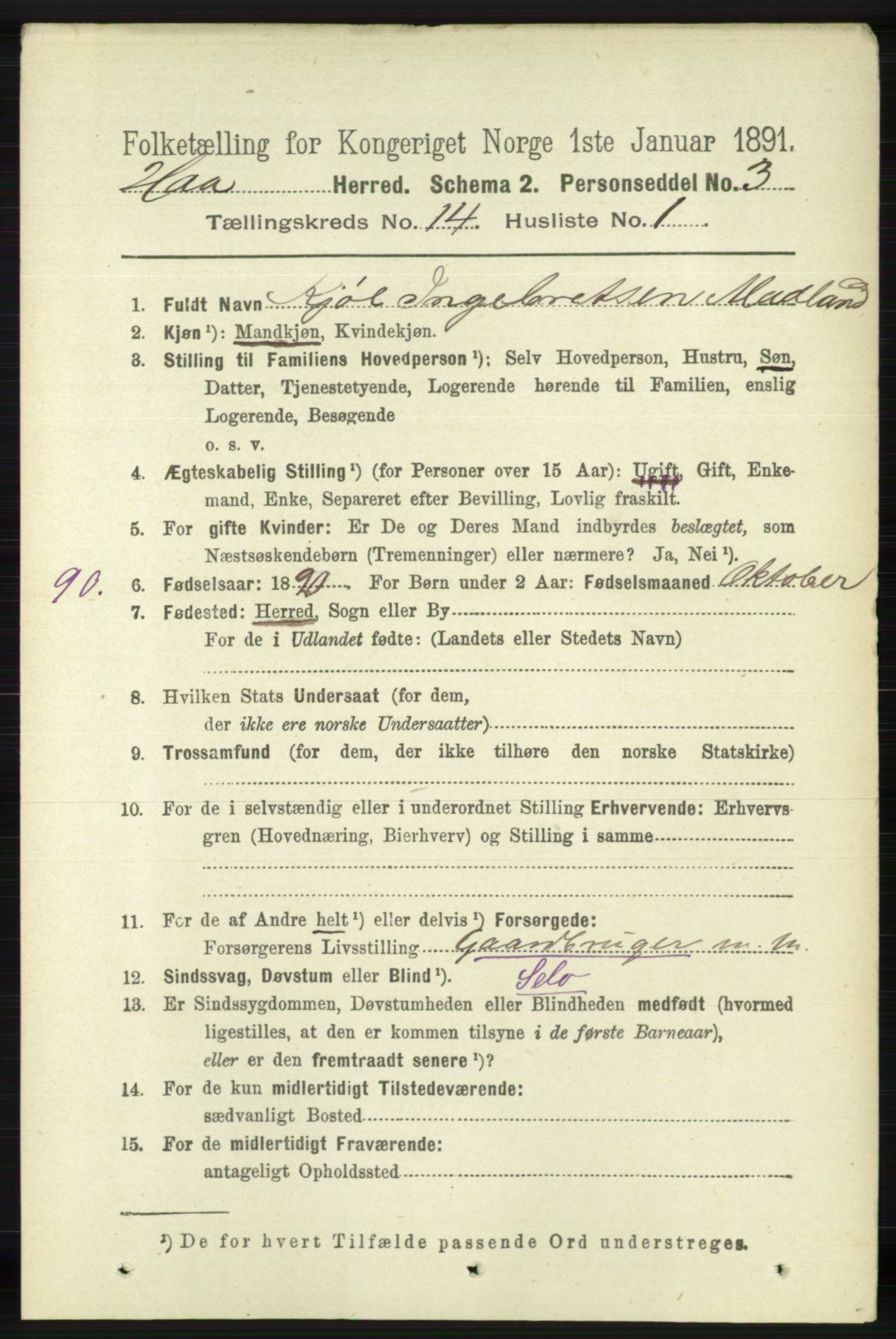 RA, 1891 census for 1119 Hå, 1891, p. 3360