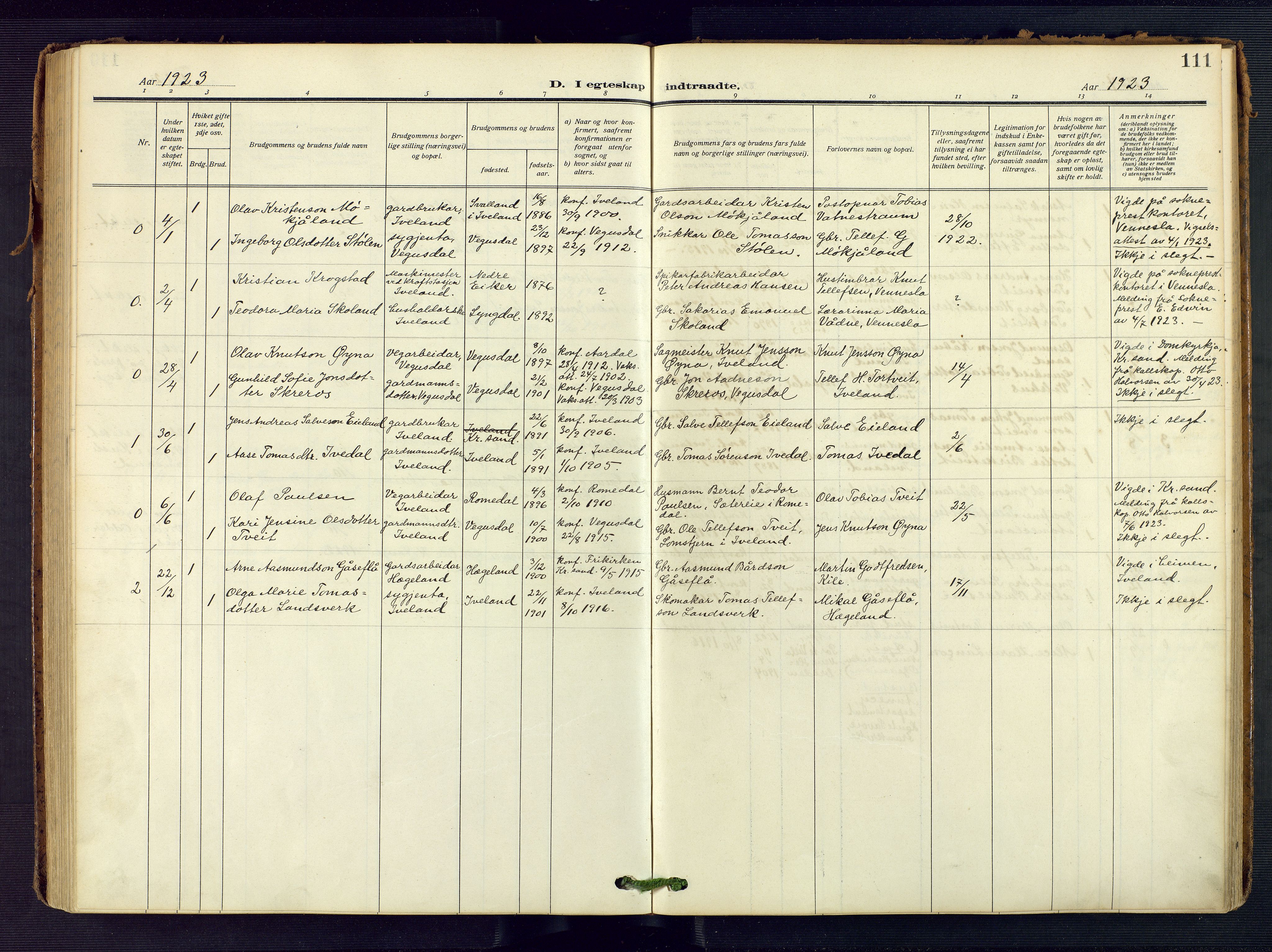 Evje sokneprestkontor, AV/SAK-1111-0008/F/Fa/Fac/L0004: Parish register (official) no. A 4, 1910-1932, p. 111