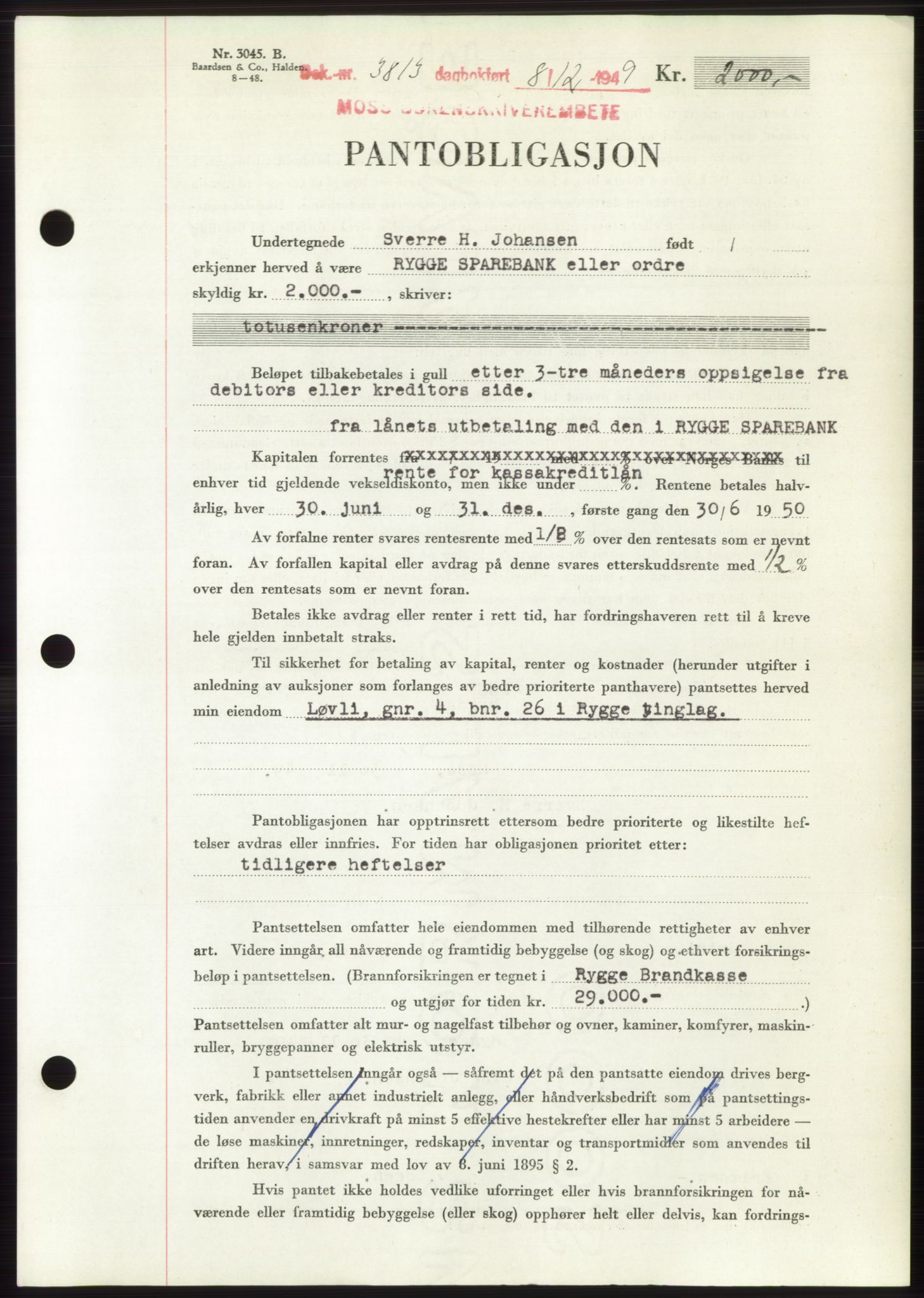 Moss sorenskriveri, SAO/A-10168: Mortgage book no. B23, 1949-1950, Diary no: : 3813/1949
