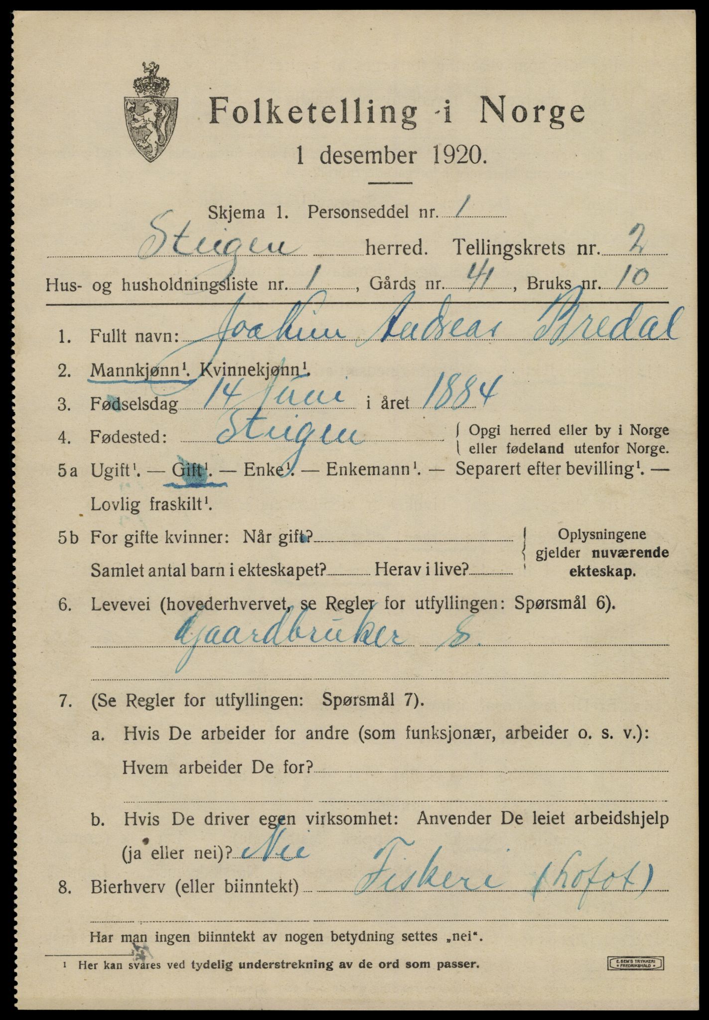 SAT, 1920 census for Steigen, 1920, p. 1120