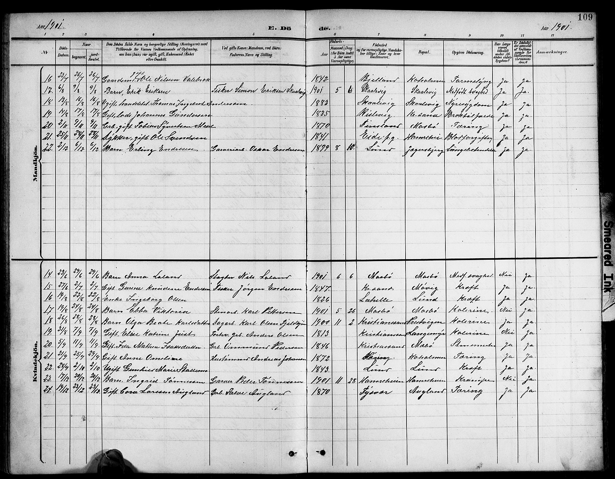 Oddernes sokneprestkontor, AV/SAK-1111-0033/F/Fb/Fba/L0009: Parish register (copy) no. B 9, 1899-1923, p. 109