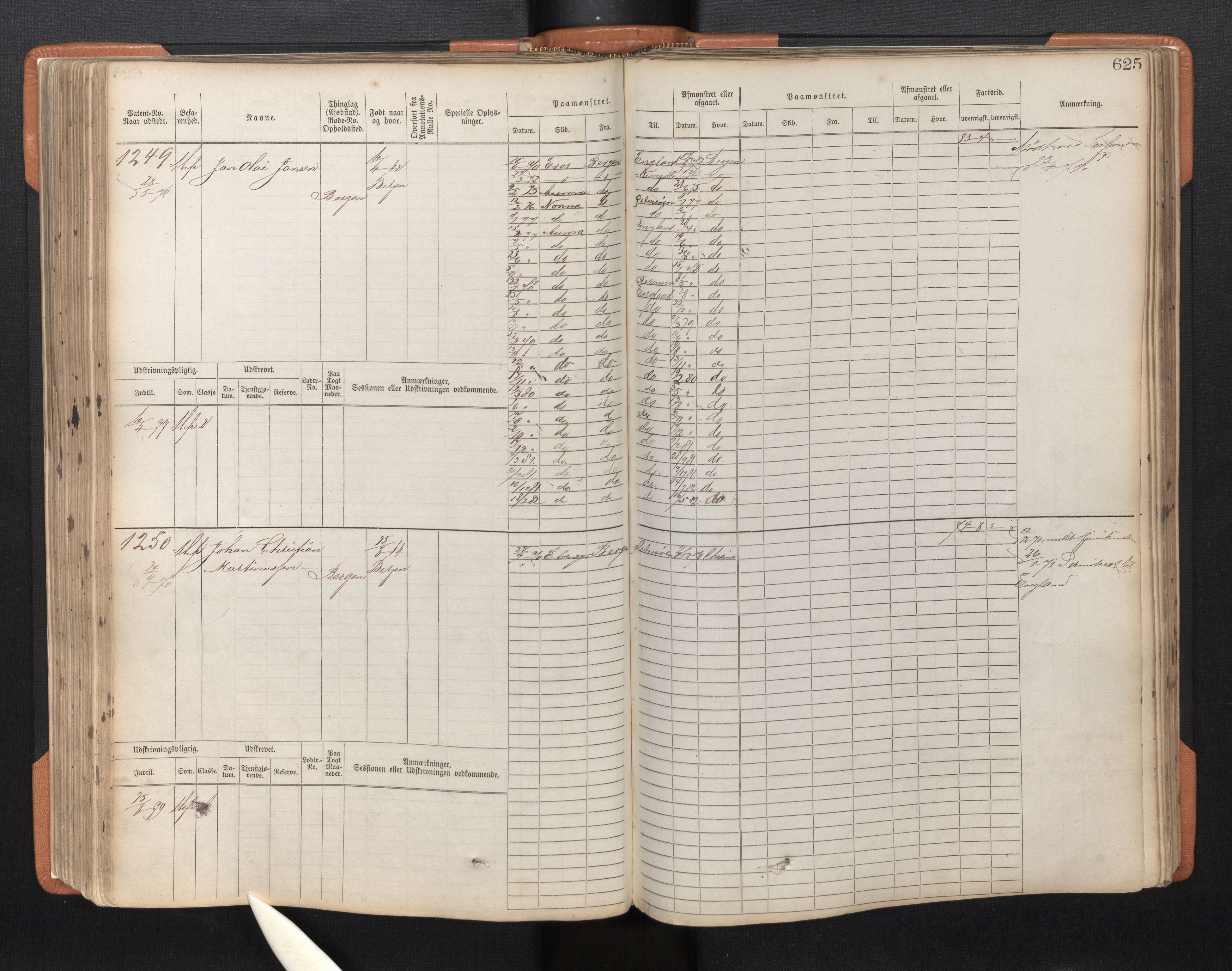 Innrulleringssjefen i Bergen, SAB/A-100050/F/Fc/L0002: Sjøfartshovedrulle, nr. 795 - 1610, 1869-1871, p. 625