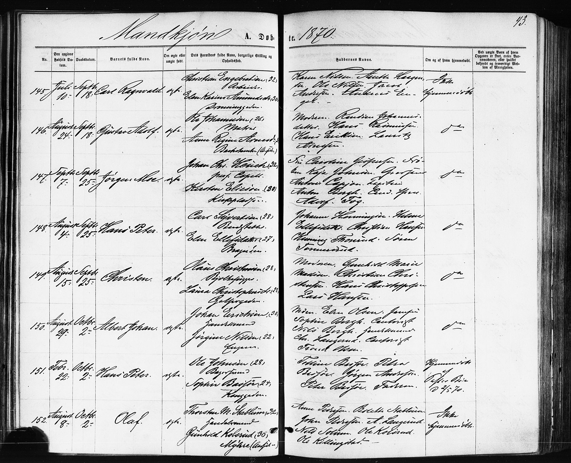 Bragernes kirkebøker, AV/SAKO-A-6/F/Fb/L0004: Parish register (official) no. II 4, 1869-1875, p. 43