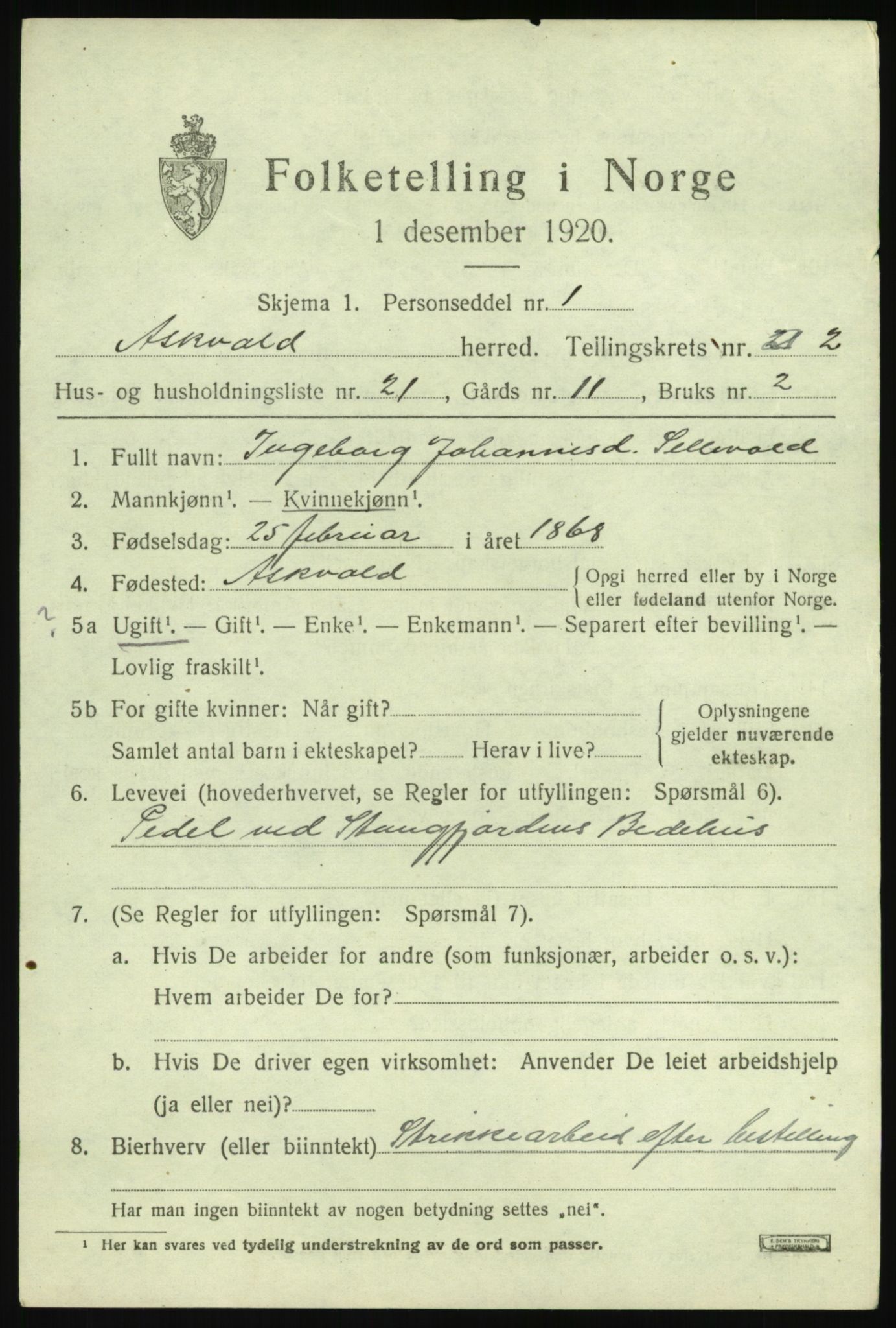 SAB, 1920 census for Askvoll, 1920, p. 2054