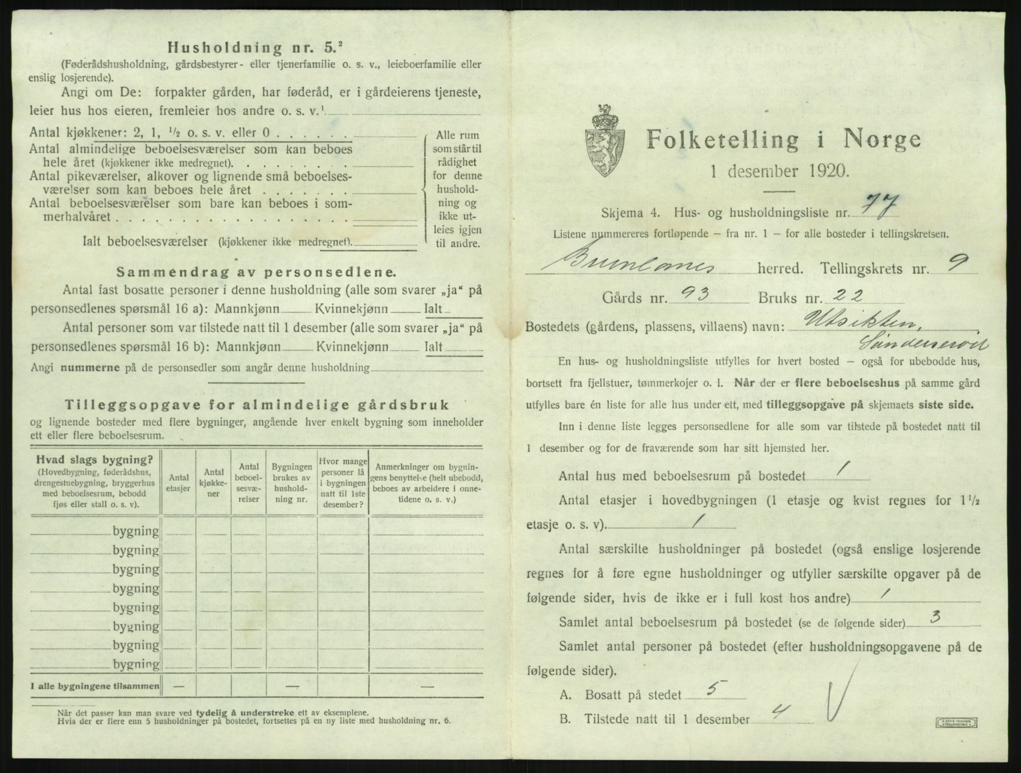 SAKO, 1920 census for Brunlanes, 1920, p. 1233