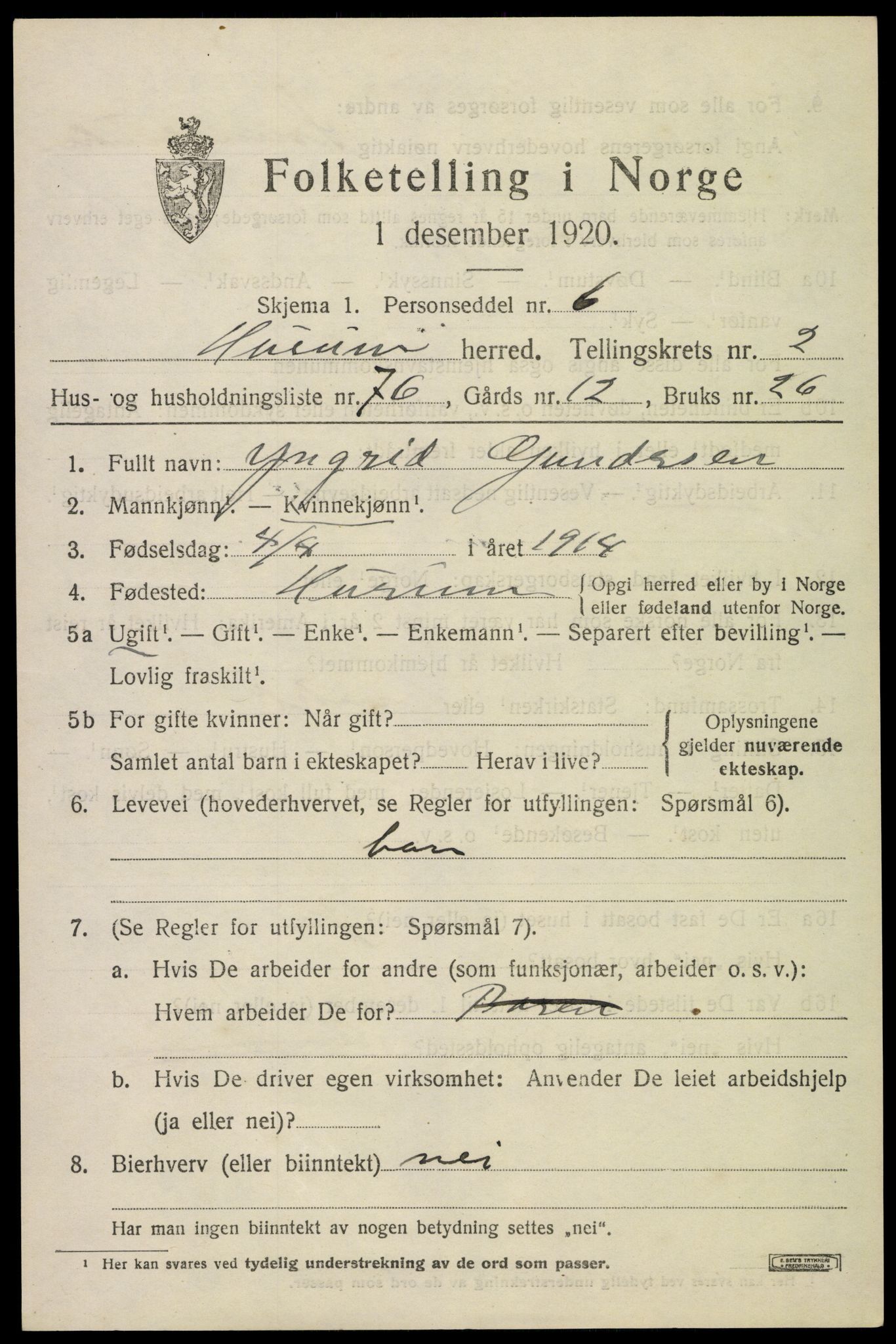 SAKO, 1920 census for Hurum, 1920, p. 4592