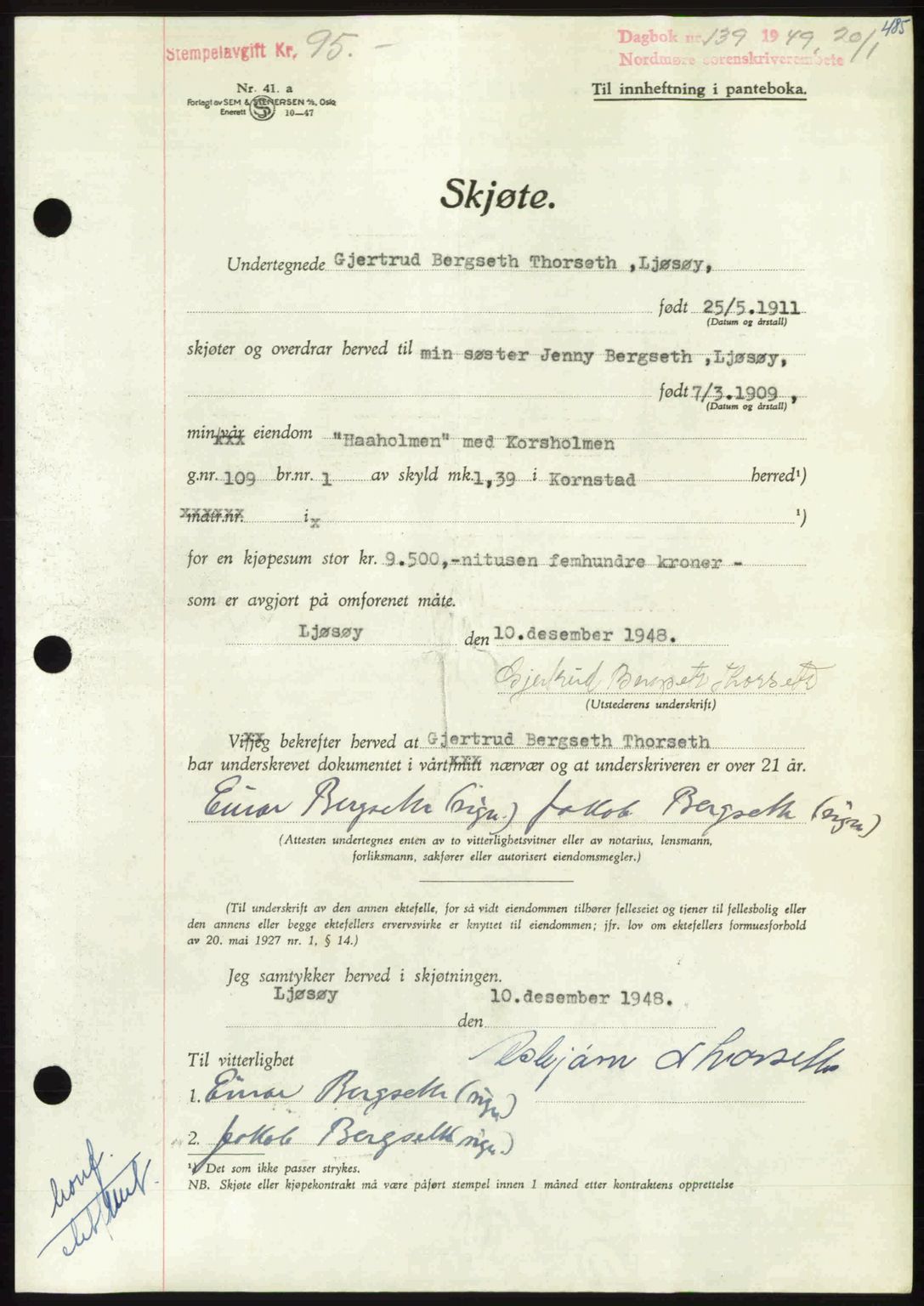 Nordmøre sorenskriveri, AV/SAT-A-4132/1/2/2Ca: Mortgage book no. A110, 1948-1949, Diary no: : 139/1949