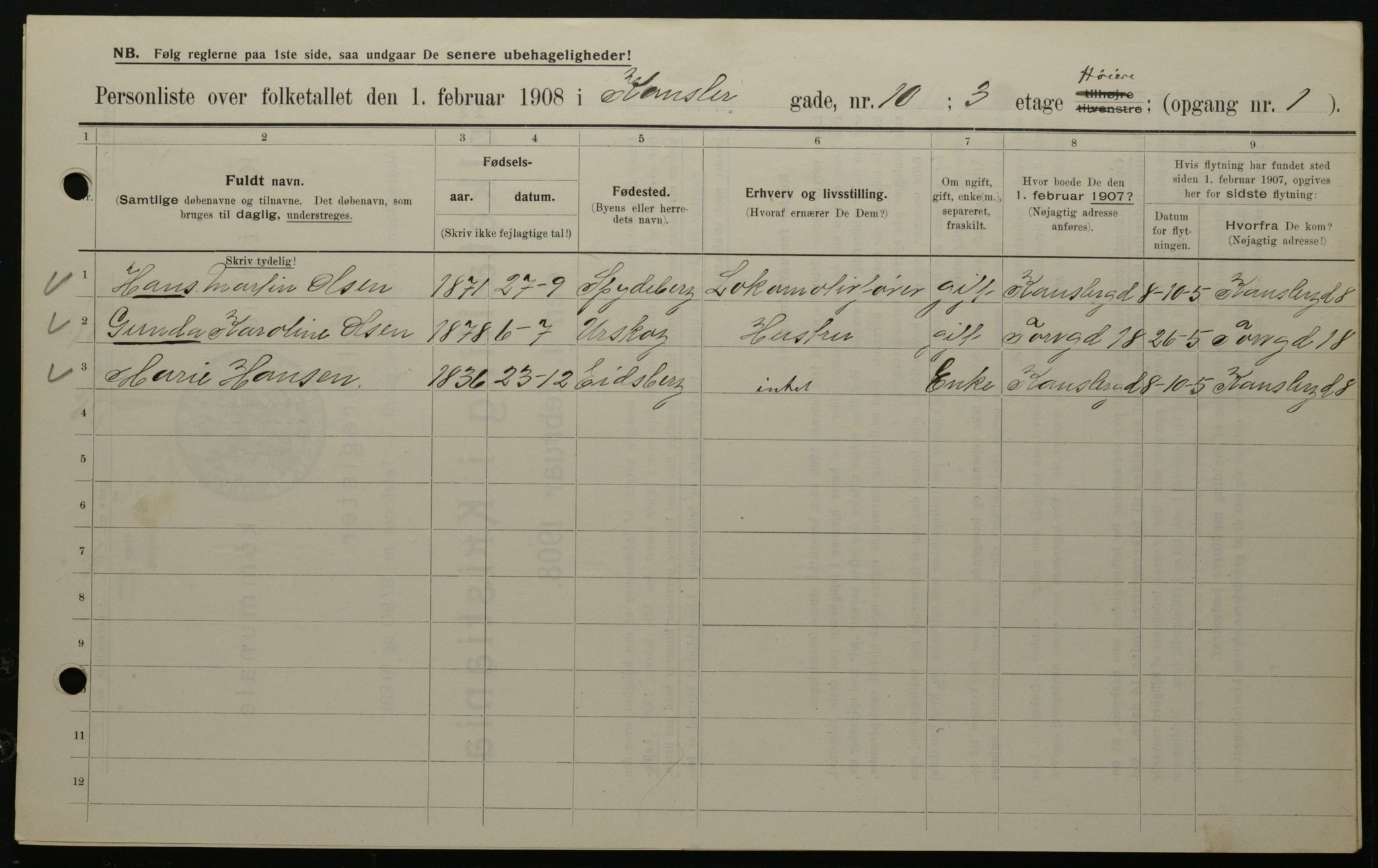 OBA, Municipal Census 1908 for Kristiania, 1908, p. 43107