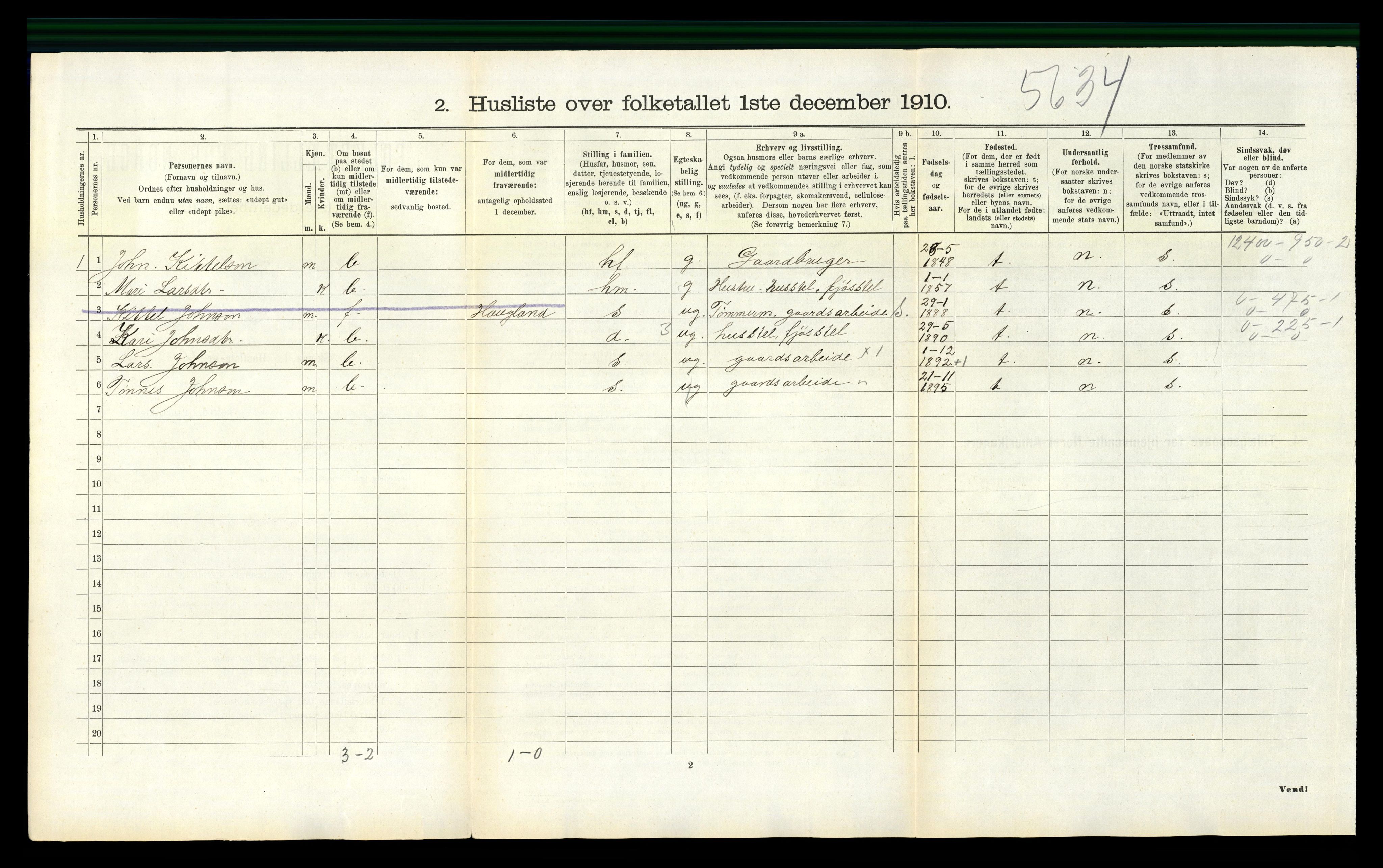 RA, 1910 census for Bjelland, 1910, p. 105