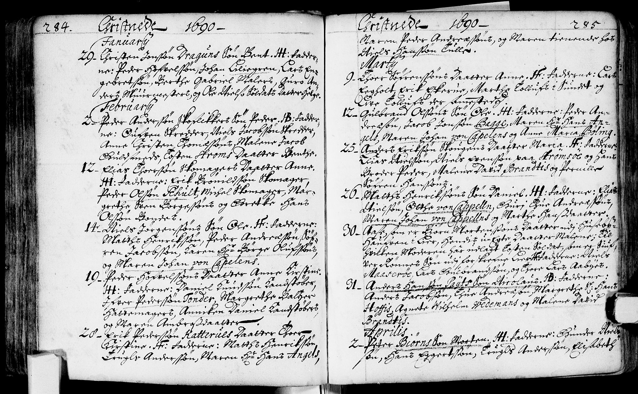 Bragernes kirkebøker, AV/SAKO-A-6/F/Fa/L0002: Parish register (official) no. I 2, 1680-1705, p. 284-285