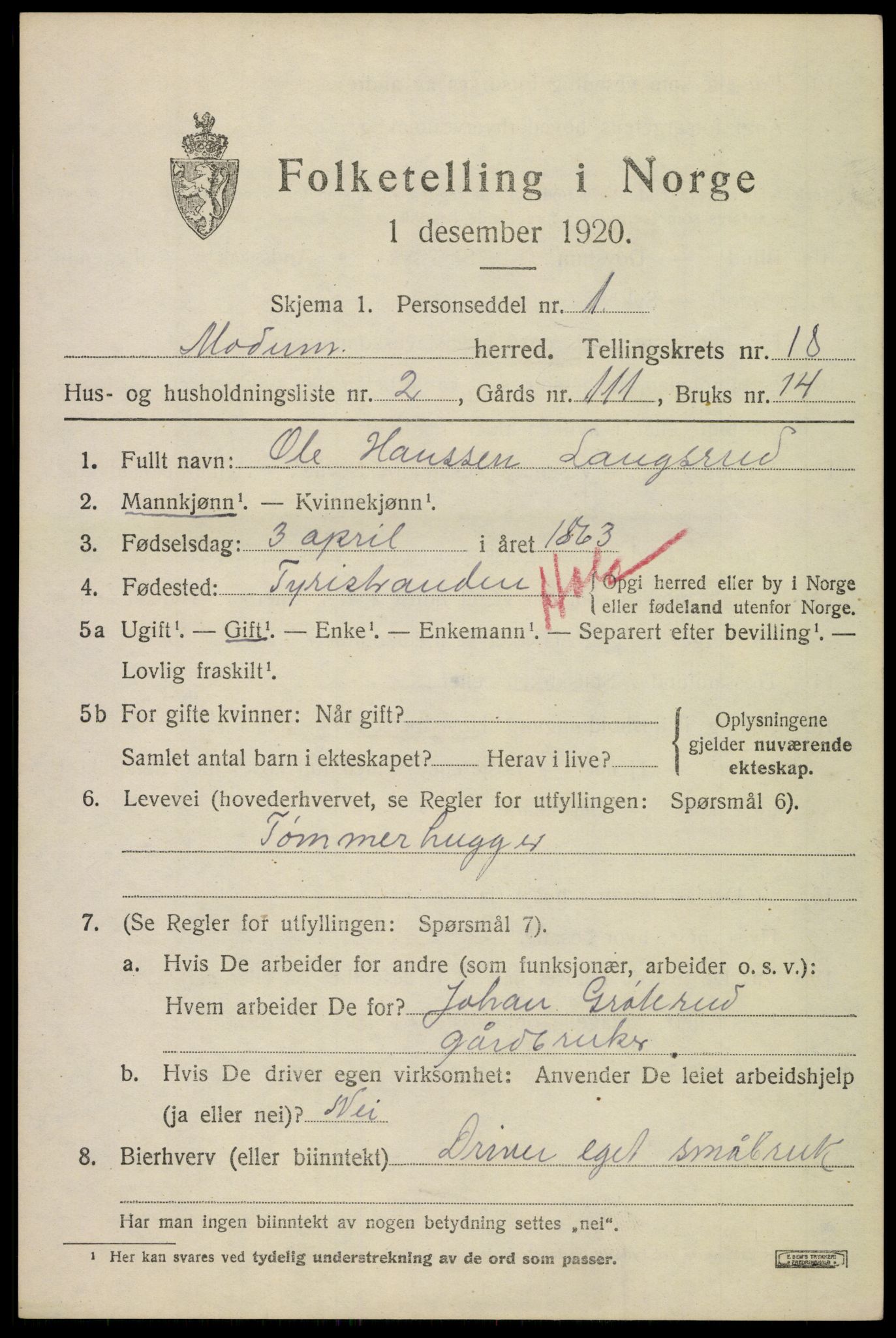 SAKO, 1920 census for Modum, 1920, p. 21011