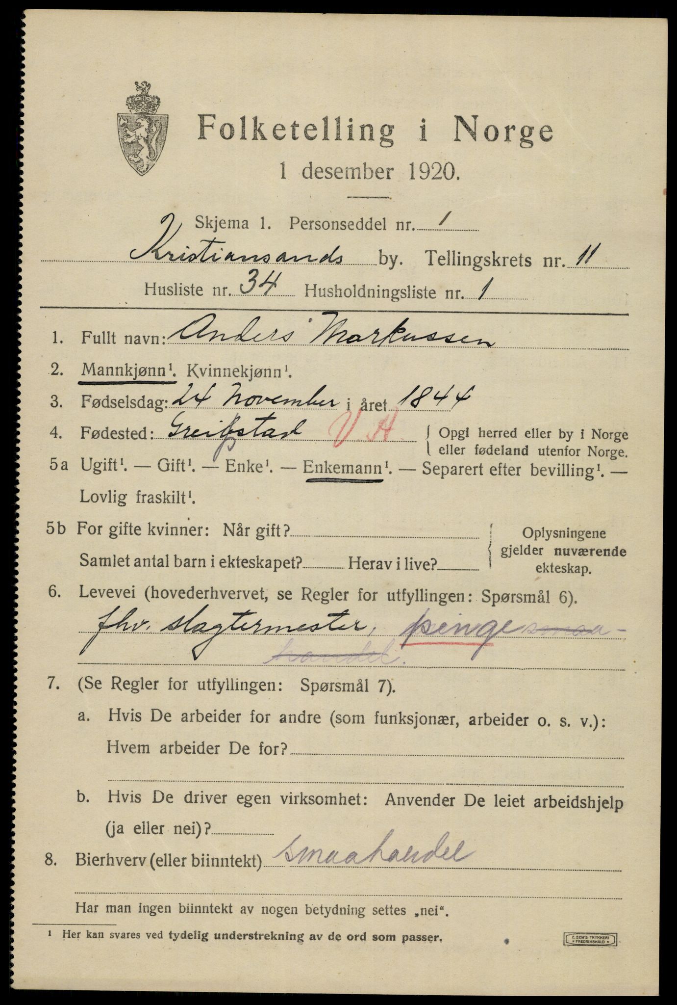 SAK, 1920 census for Kristiansand, 1920, p. 25297