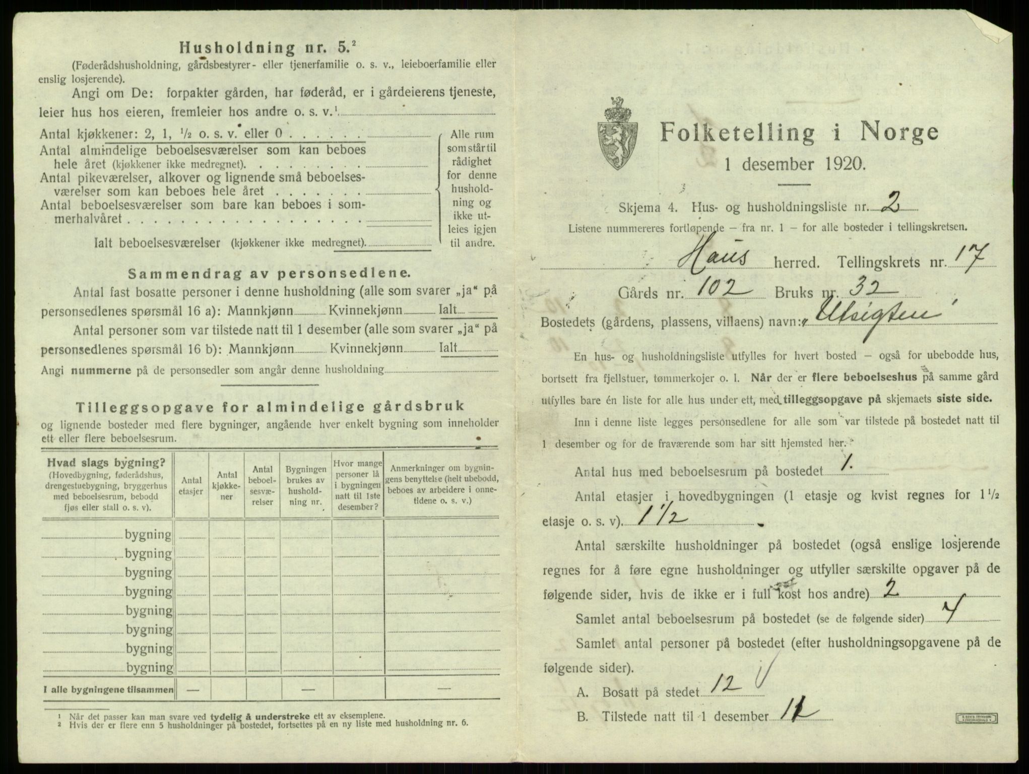 SAB, 1920 census for Haus, 1920, p. 1425