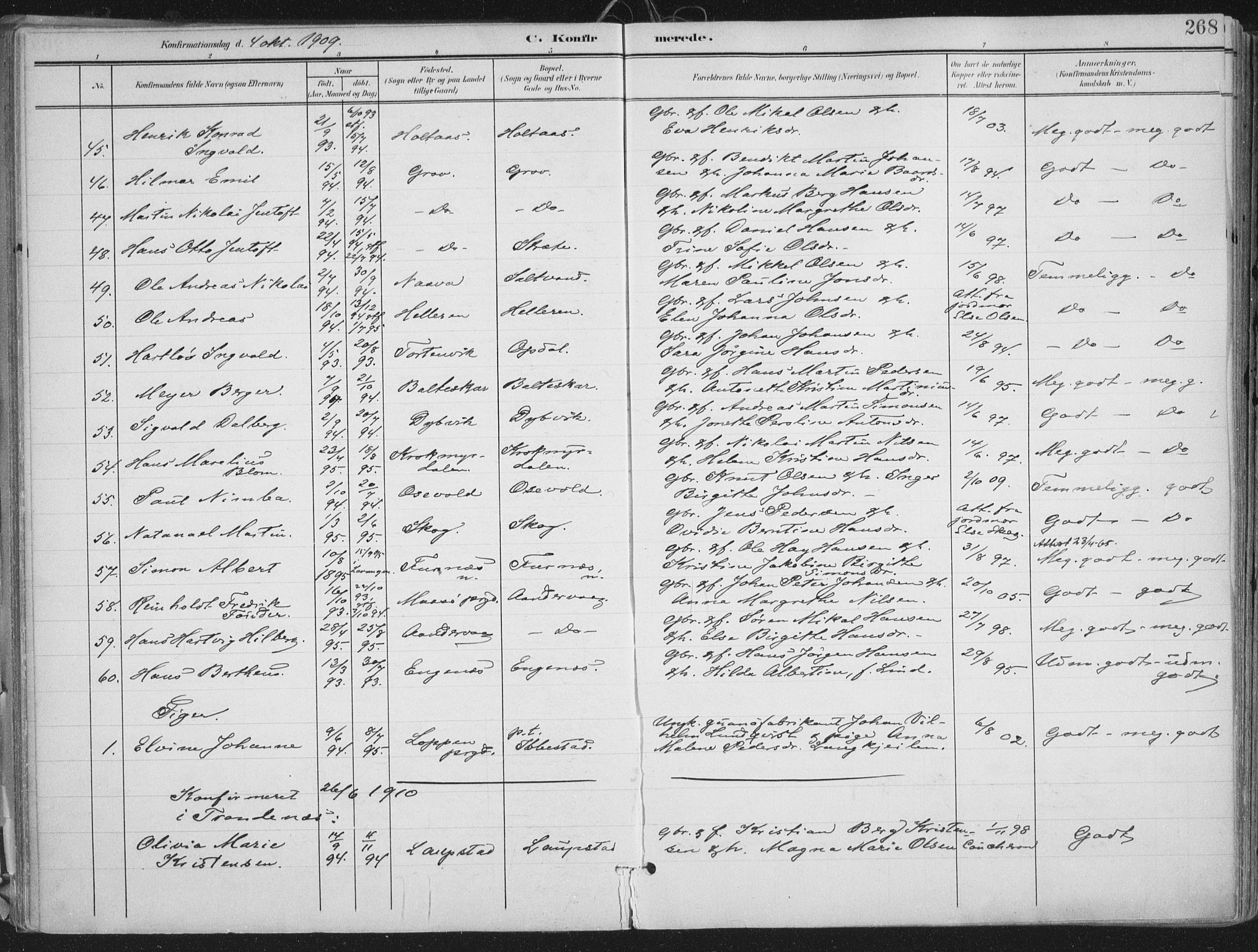 Ibestad sokneprestembete, AV/SATØ-S-0077/H/Ha/Haa/L0017kirke: Parish register (official) no. 17, 1901-1914, p. 268