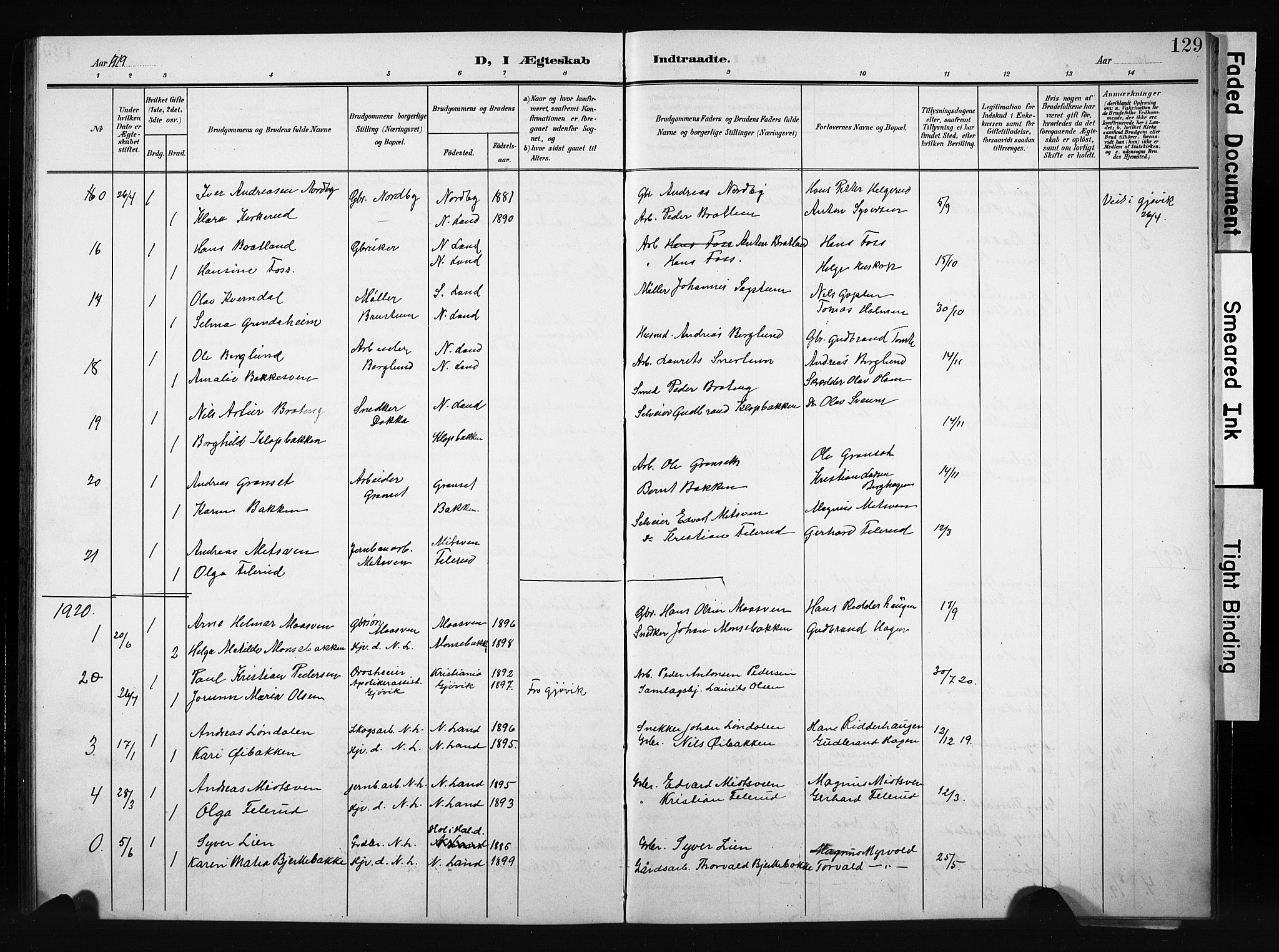 Nordre Land prestekontor, AV/SAH-PREST-124/H/Ha/Hab/L0006: Parish register (copy) no. 6, 1905-1929, p. 129