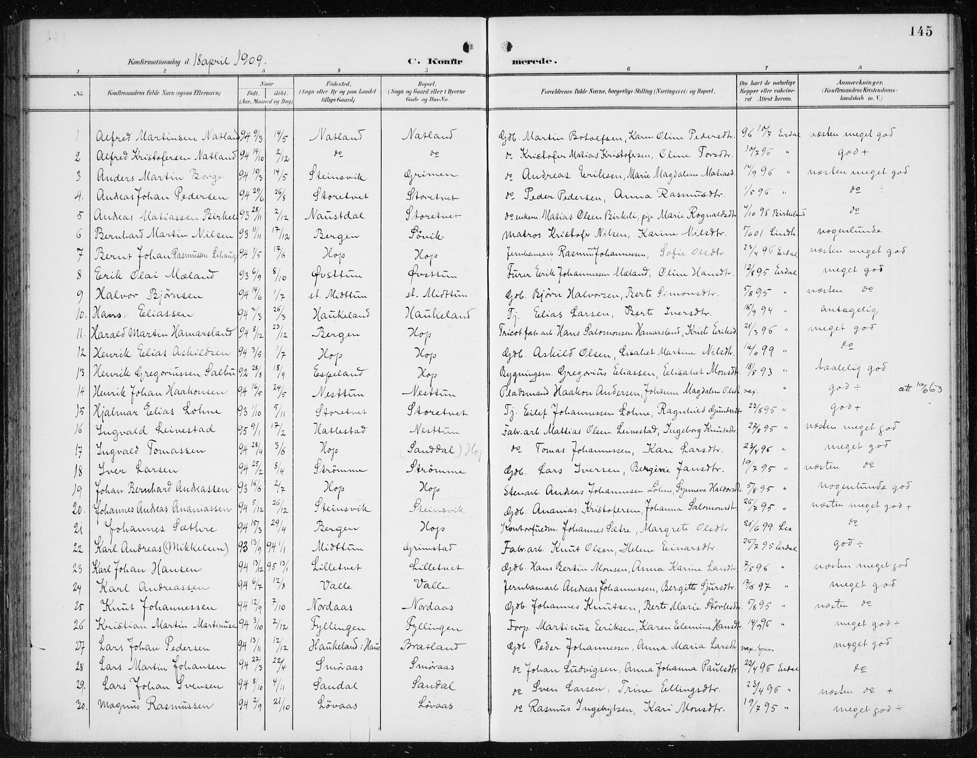 Fana Sokneprestembete, AV/SAB-A-75101/H/Haa/Haai/L0003: Parish register (official) no. I 3, 1900-1912, p. 145