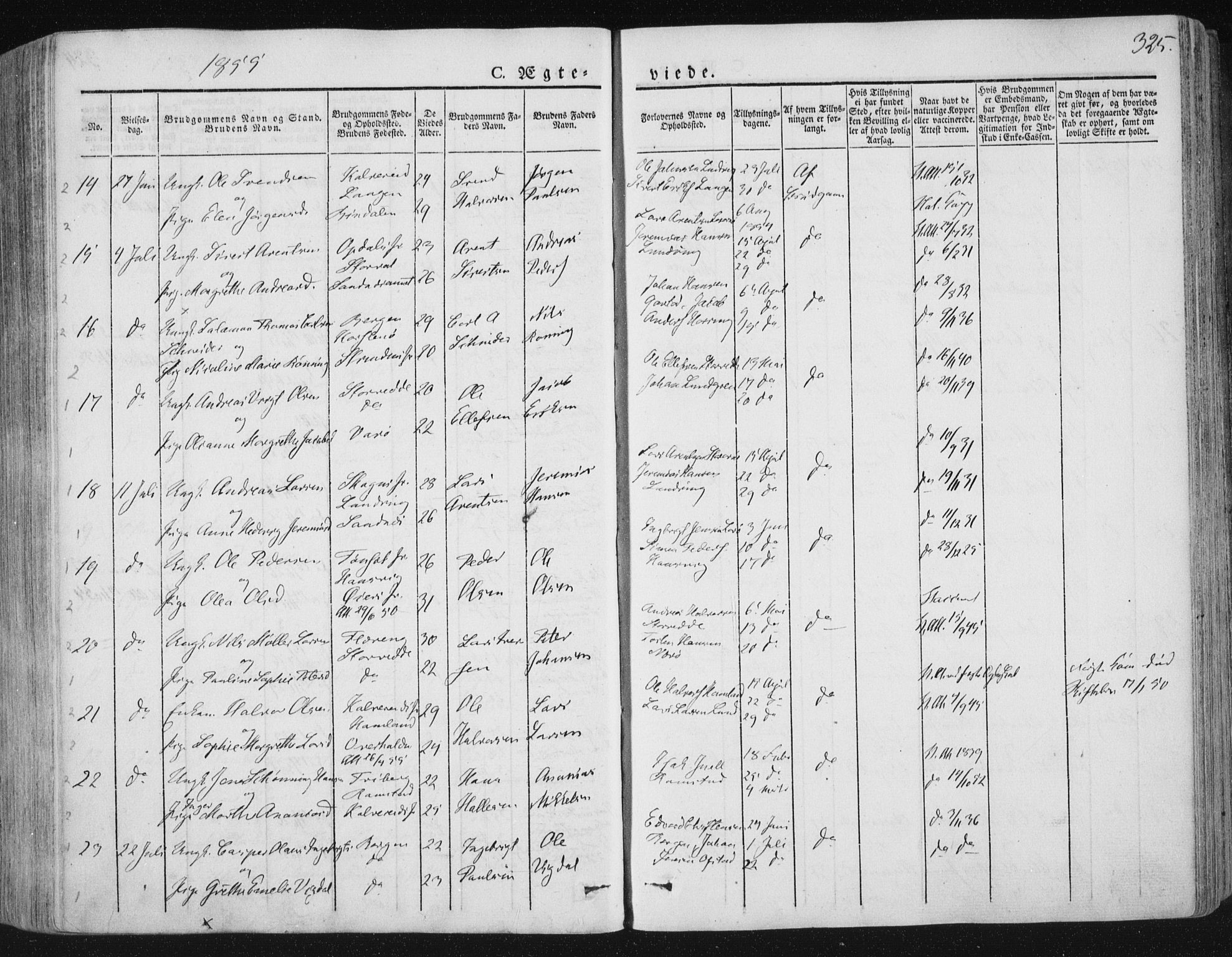 Ministerialprotokoller, klokkerbøker og fødselsregistre - Nord-Trøndelag, AV/SAT-A-1458/784/L0669: Parish register (official) no. 784A04, 1829-1859, p. 325