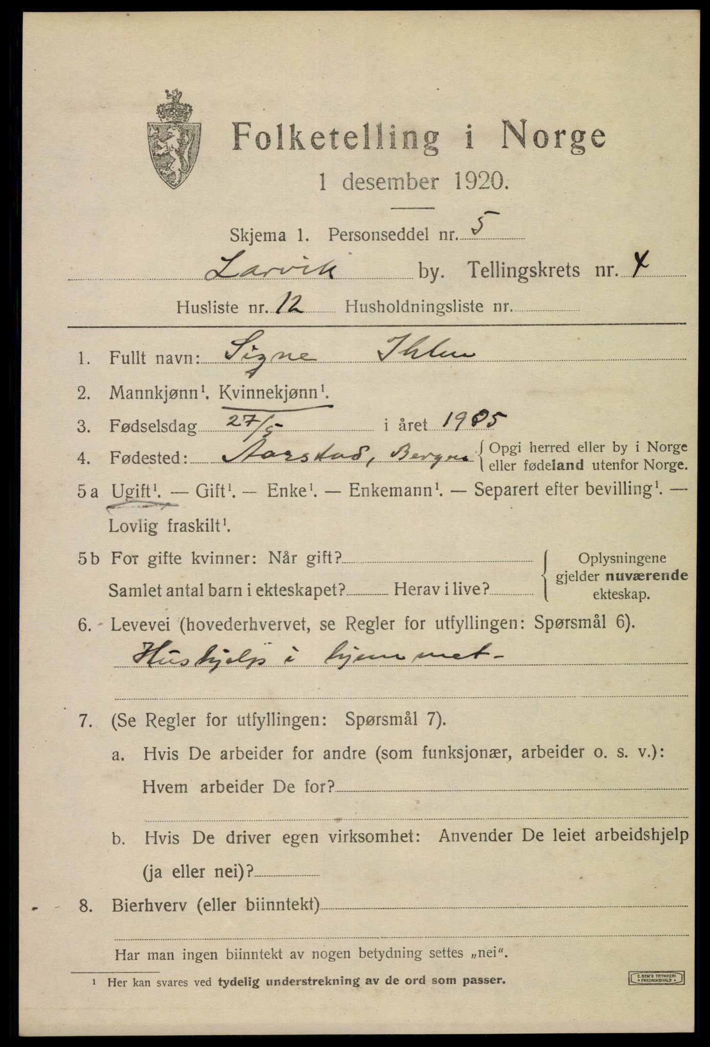 SAKO, 1920 census for Larvik, 1920, p. 13630