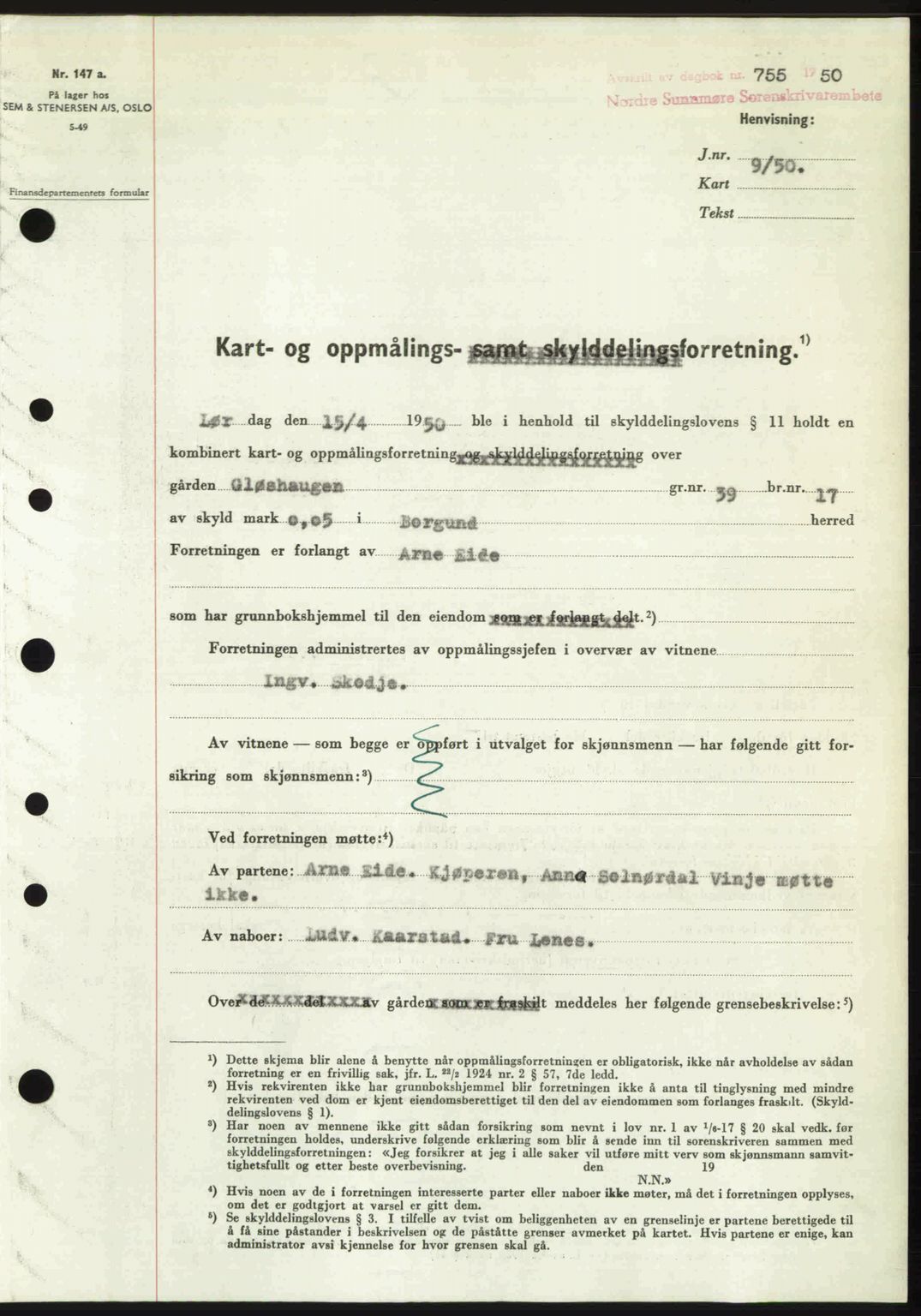 Nordre Sunnmøre sorenskriveri, AV/SAT-A-0006/1/2/2C/2Ca: Mortgage book no. A34, 1950-1950, Diary no: : 754/1950