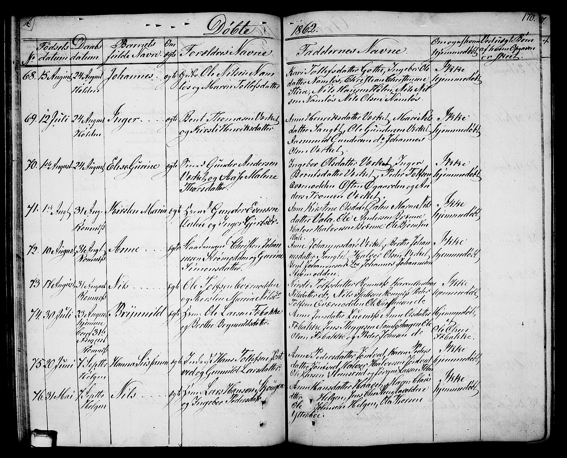 Holla kirkebøker, AV/SAKO-A-272/G/Ga/L0003: Parish register (copy) no. I 3, 1849-1866, p. 170