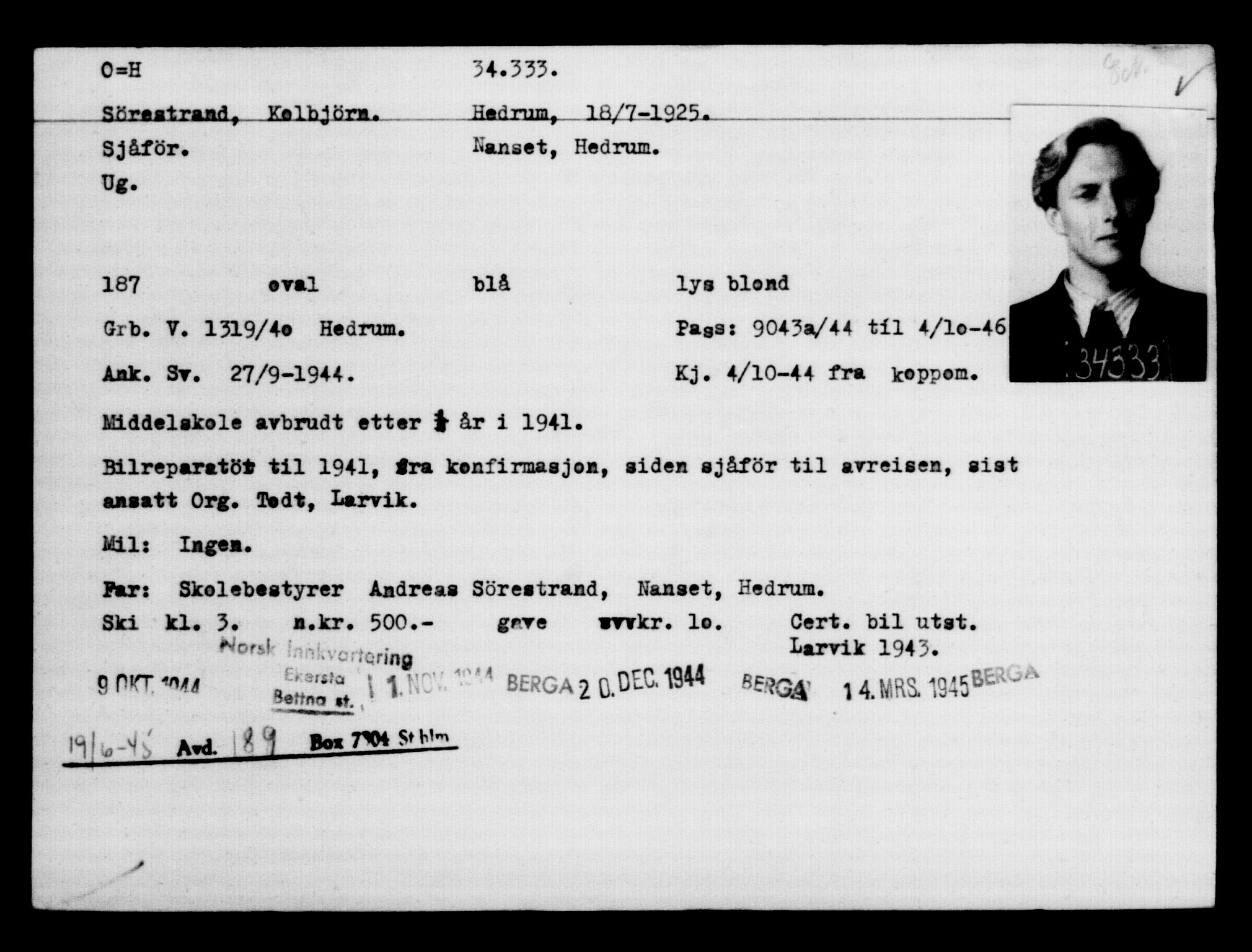 Utenriksstasjonene, Legasjonen i Stockholm, Flyktningkontoret, AV/RA-S-6753/V/Va/L0013: Kjesäterkartoteket, flyktninger med registreringsnr. 31500-34731, 1940-1945, p. 2986