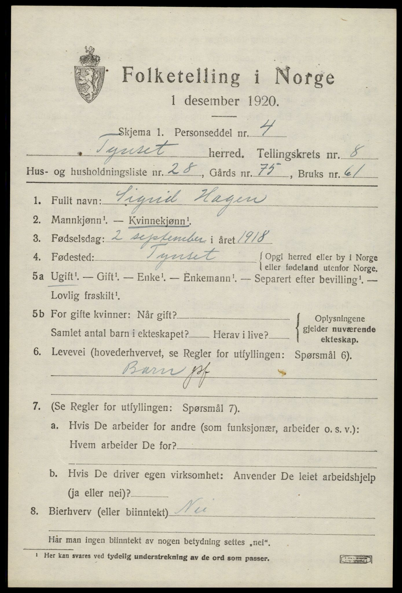 SAH, 1920 census for Tynset, 1920, p. 6900