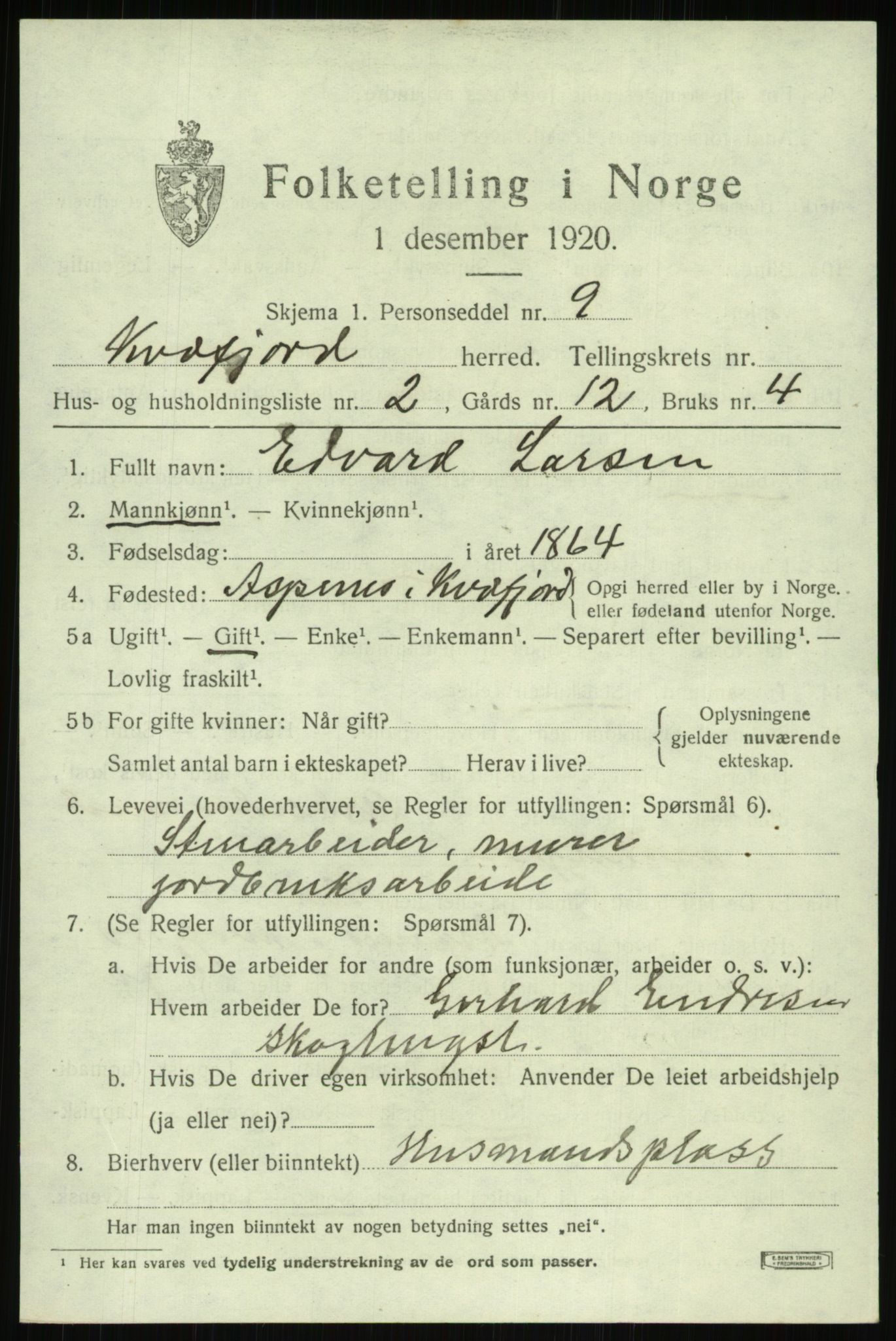 SATØ, 1920 census for Kvæfjord, 1920, p. 2159