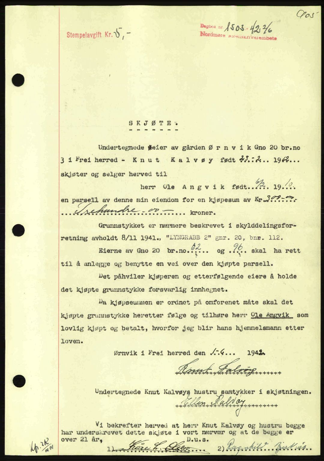 Nordmøre sorenskriveri, AV/SAT-A-4132/1/2/2Ca: Mortgage book no. A92, 1942-1942, Diary no: : 1503/1942