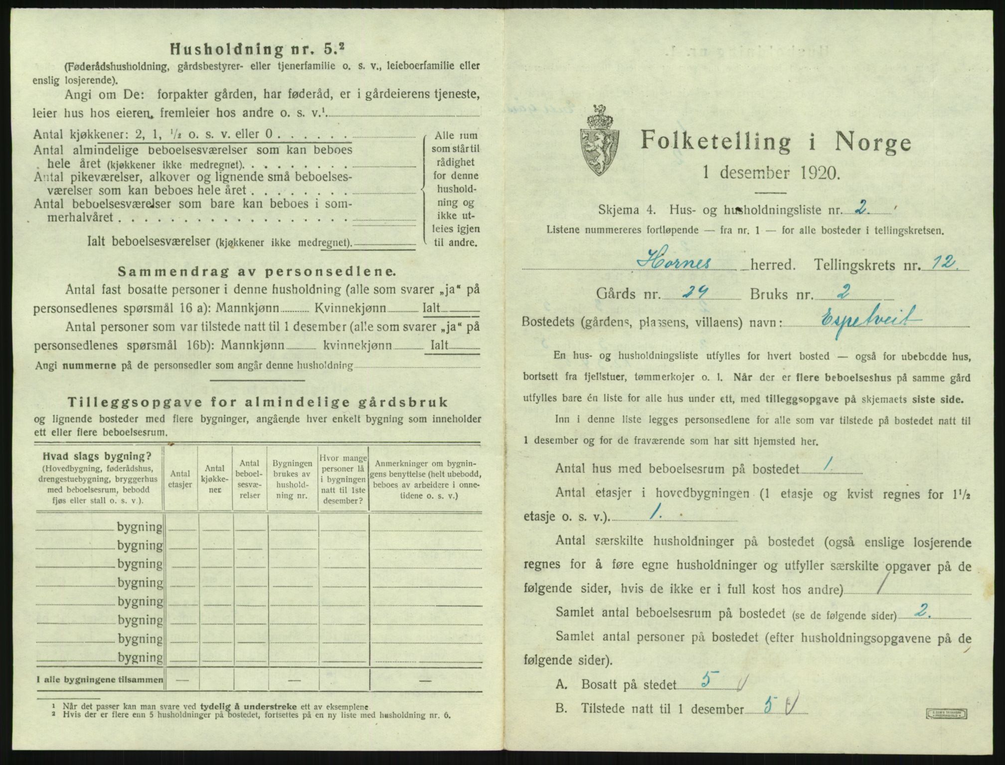 SAK, 1920 census for Hornnes, 1920, p. 475