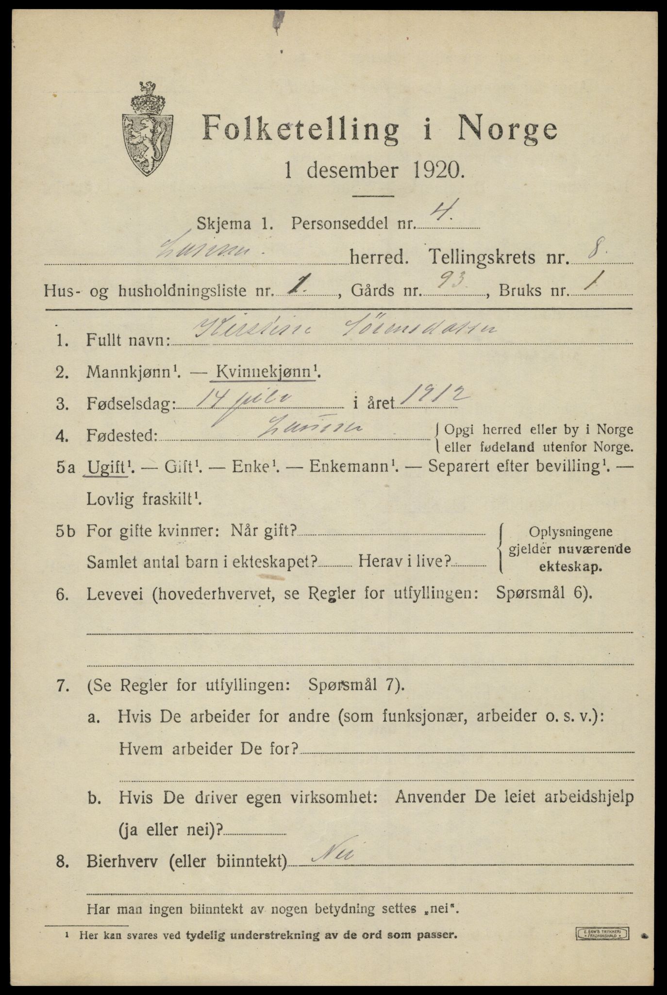 SAH, 1920 census for Lunner, 1920, p. 8987