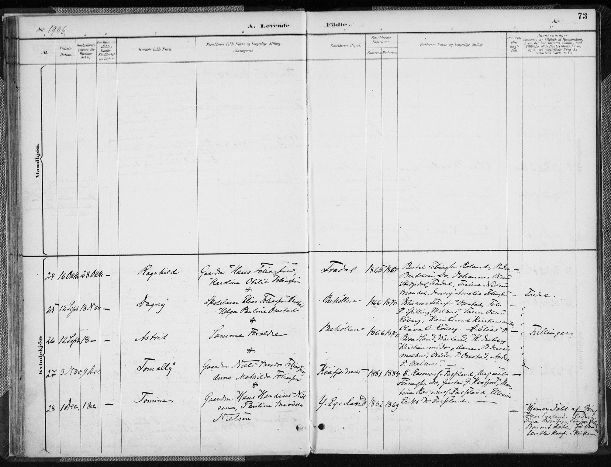 Sør-Audnedal sokneprestkontor, AV/SAK-1111-0039/F/Fa/Fab/L0010: Parish register (official) no. A 10, 1892-1913, p. 73