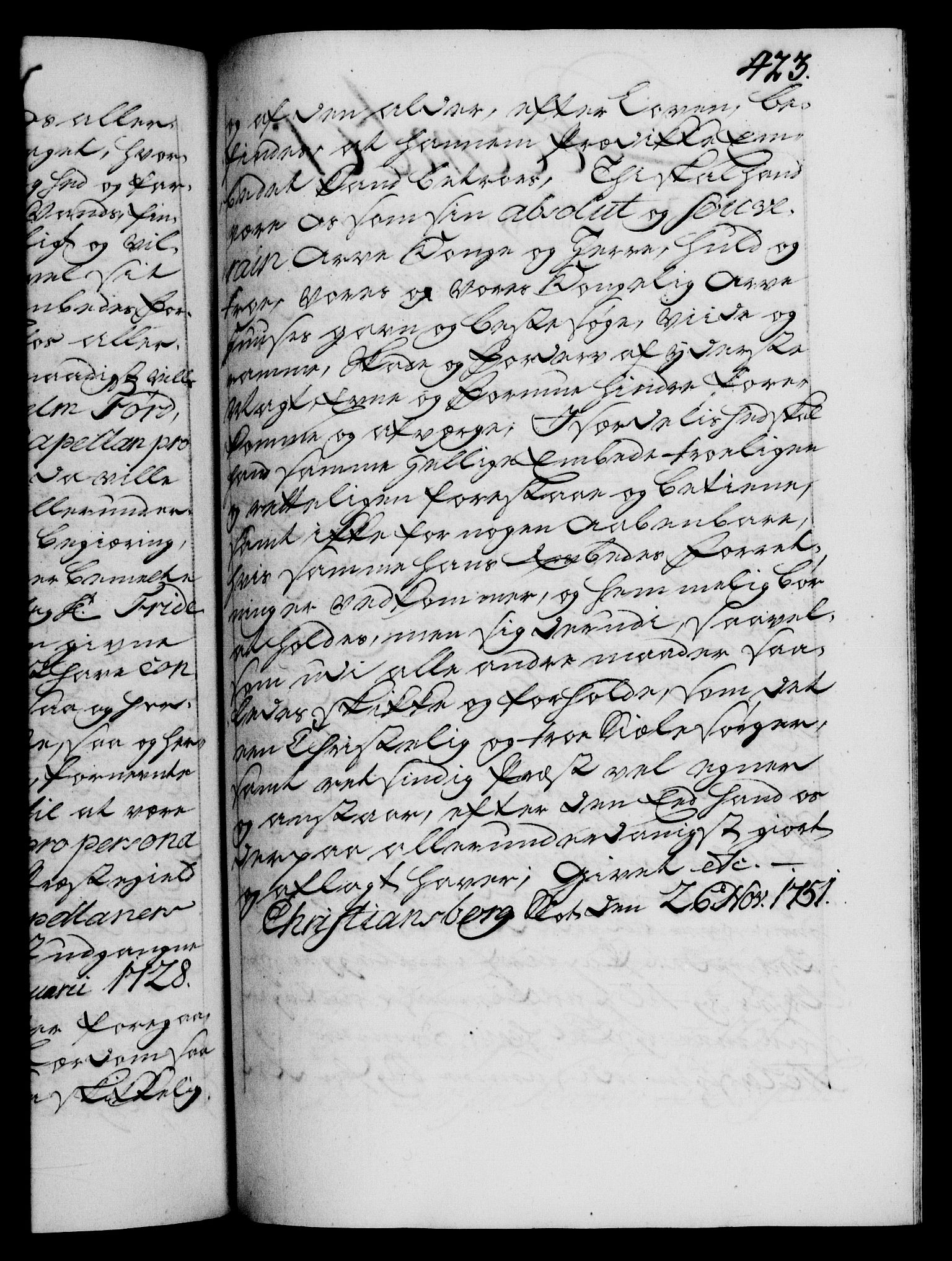Danske Kanselli 1572-1799, RA/EA-3023/F/Fc/Fca/Fcaa/L0037: Norske registre, 1751-1752, p. 423a