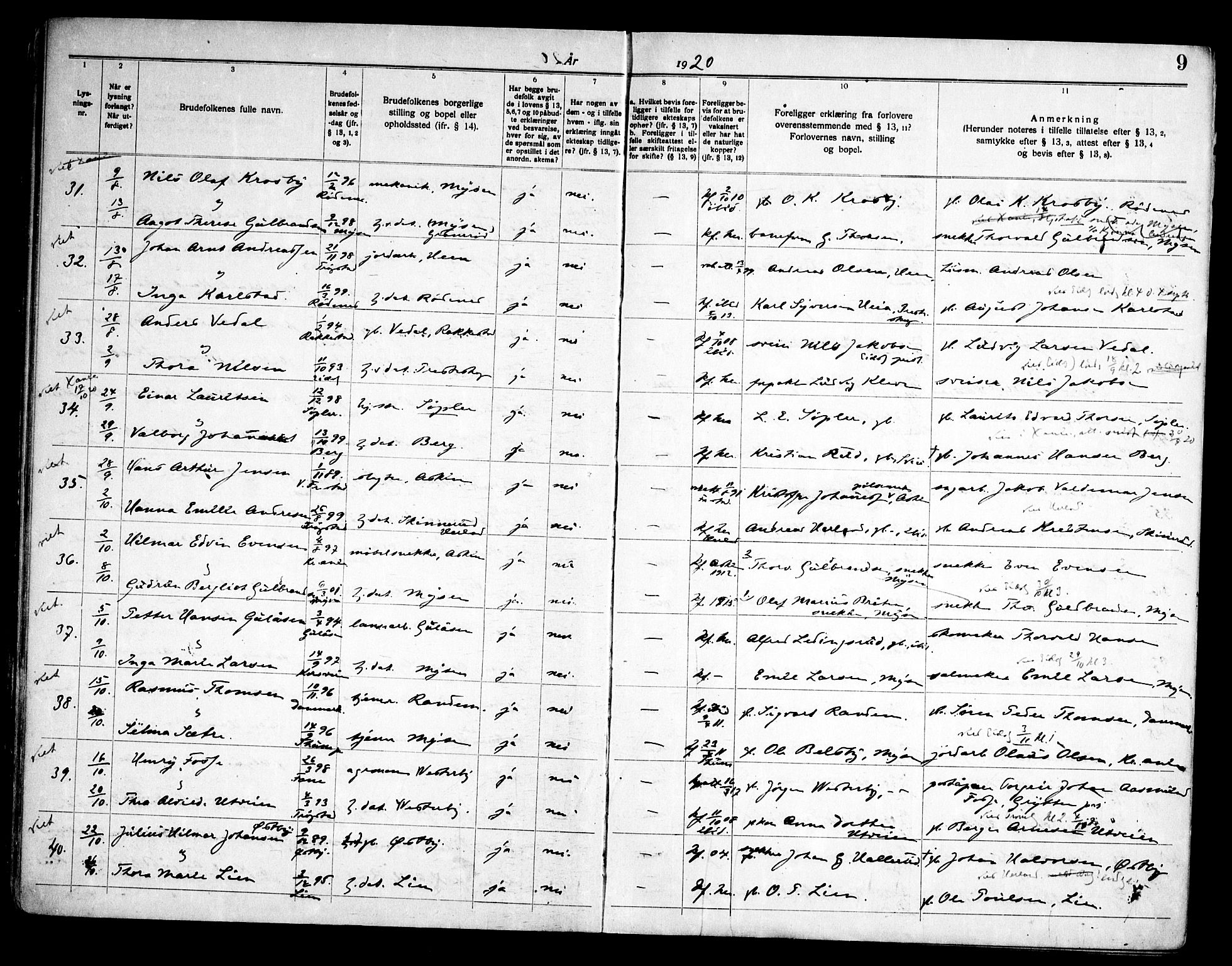 Eidsberg prestekontor Kirkebøker, AV/SAO-A-10905/H/Ha/L0001: Banns register no. I 1, 1919-1946, p. 9