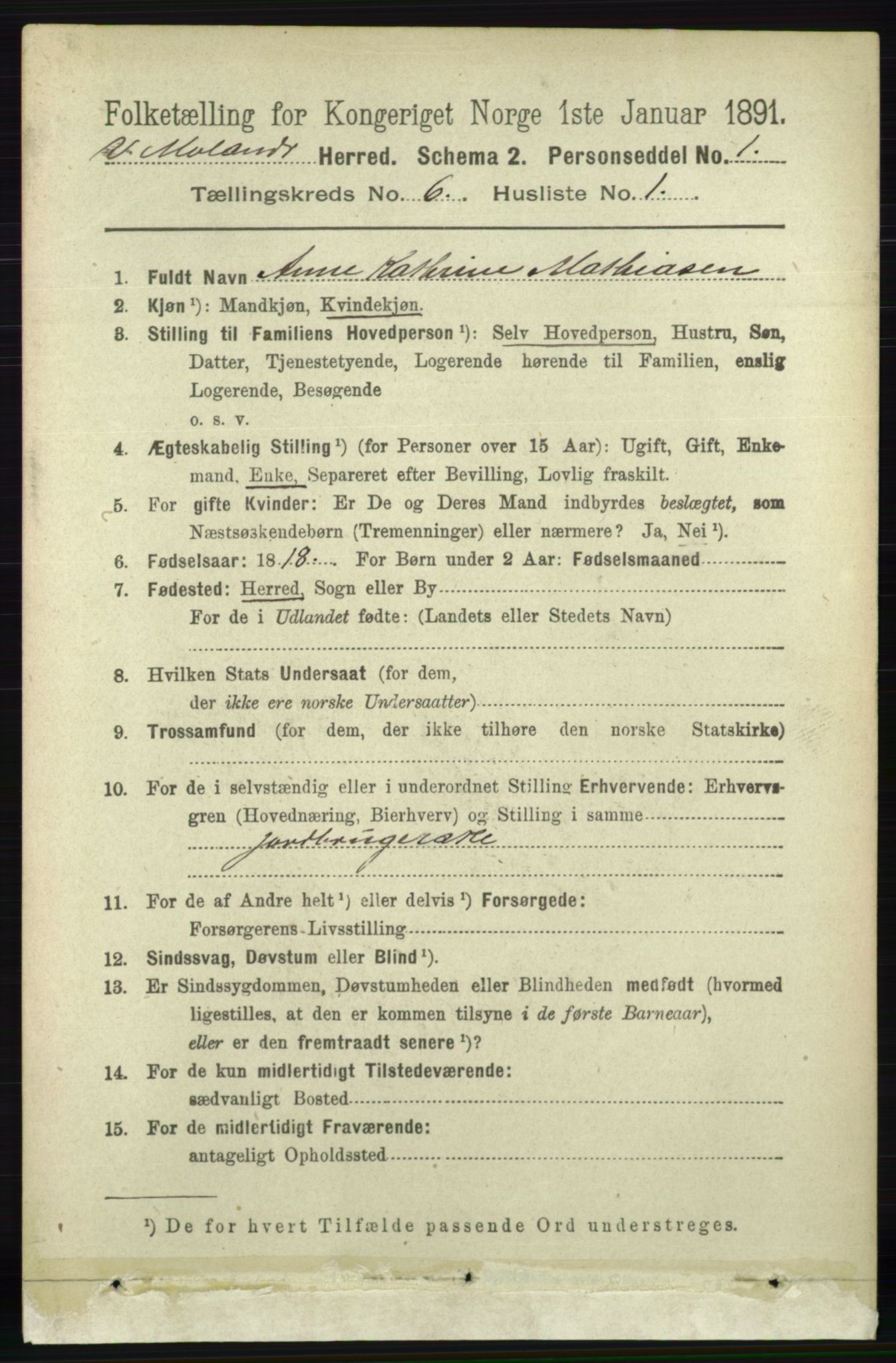 RA, 1891 census for 0926 Vestre Moland, 1891, p. 2351
