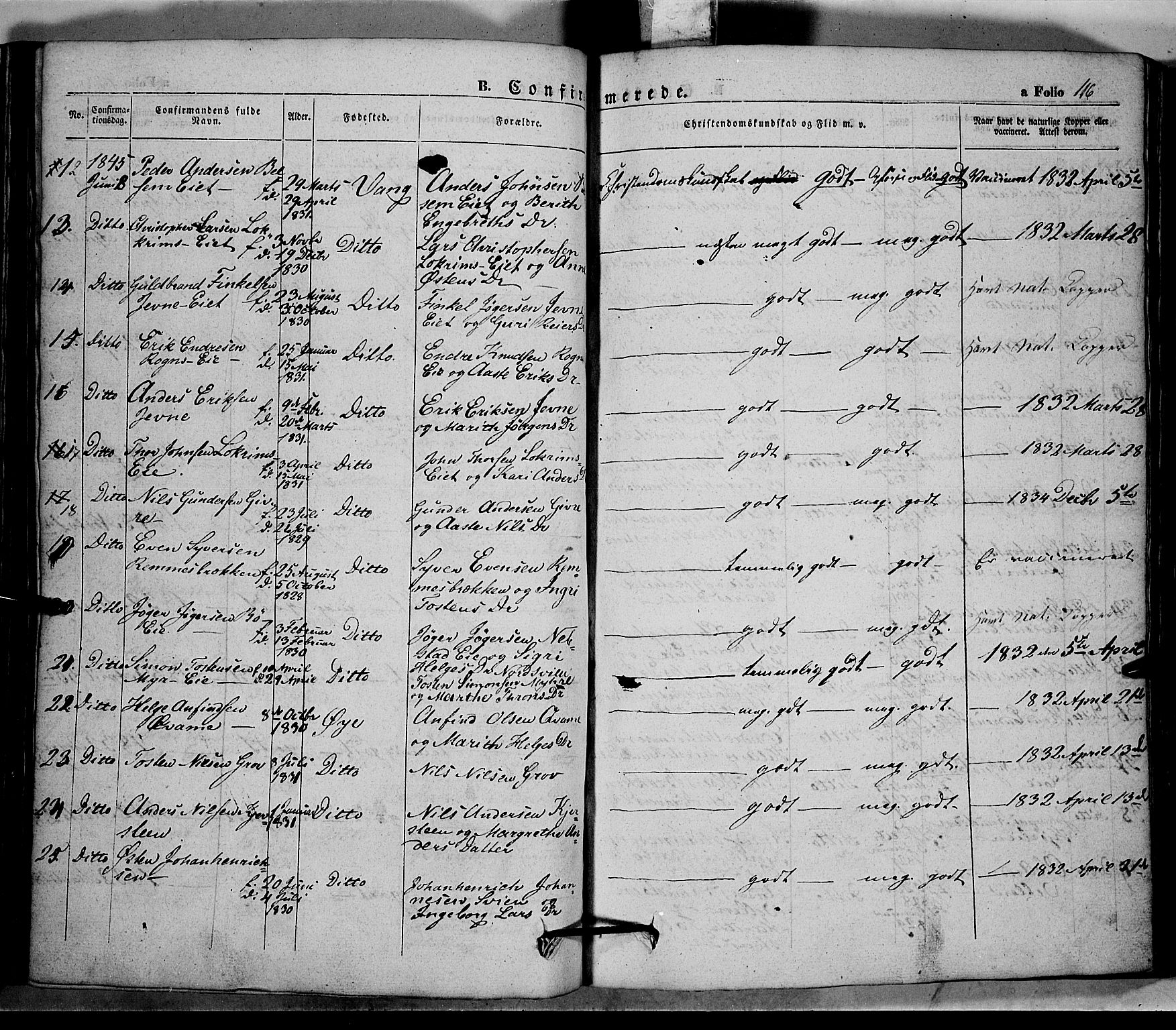 Vang prestekontor, Valdres, SAH/PREST-140/H/Ha/L0005: Parish register (official) no. 5, 1831-1845, p. 116