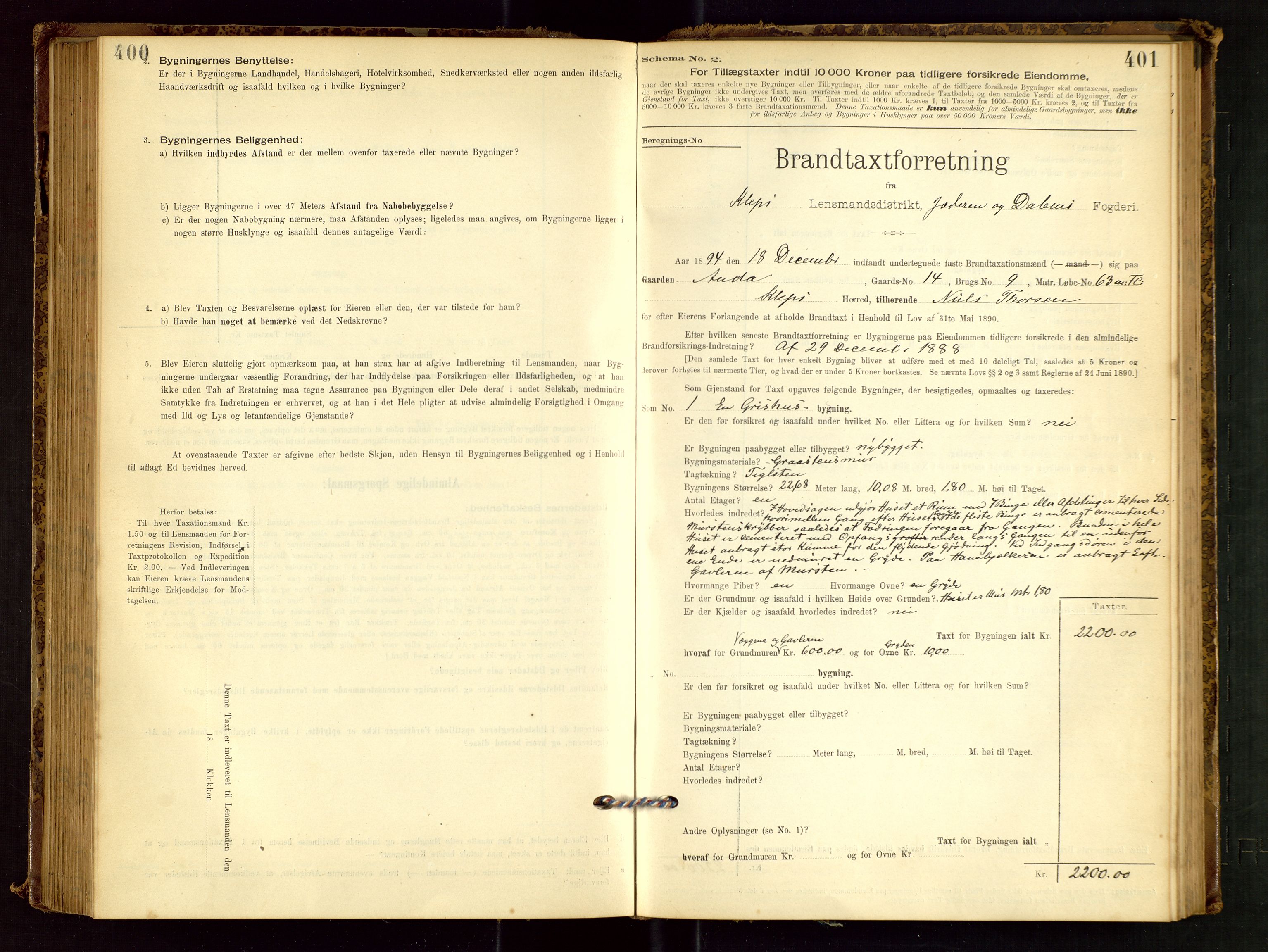 Klepp lensmannskontor, SAST/A-100163/Goc/L0001: "Brandtaxationsprotokol" m/register, 1895-1898, p. 400-401