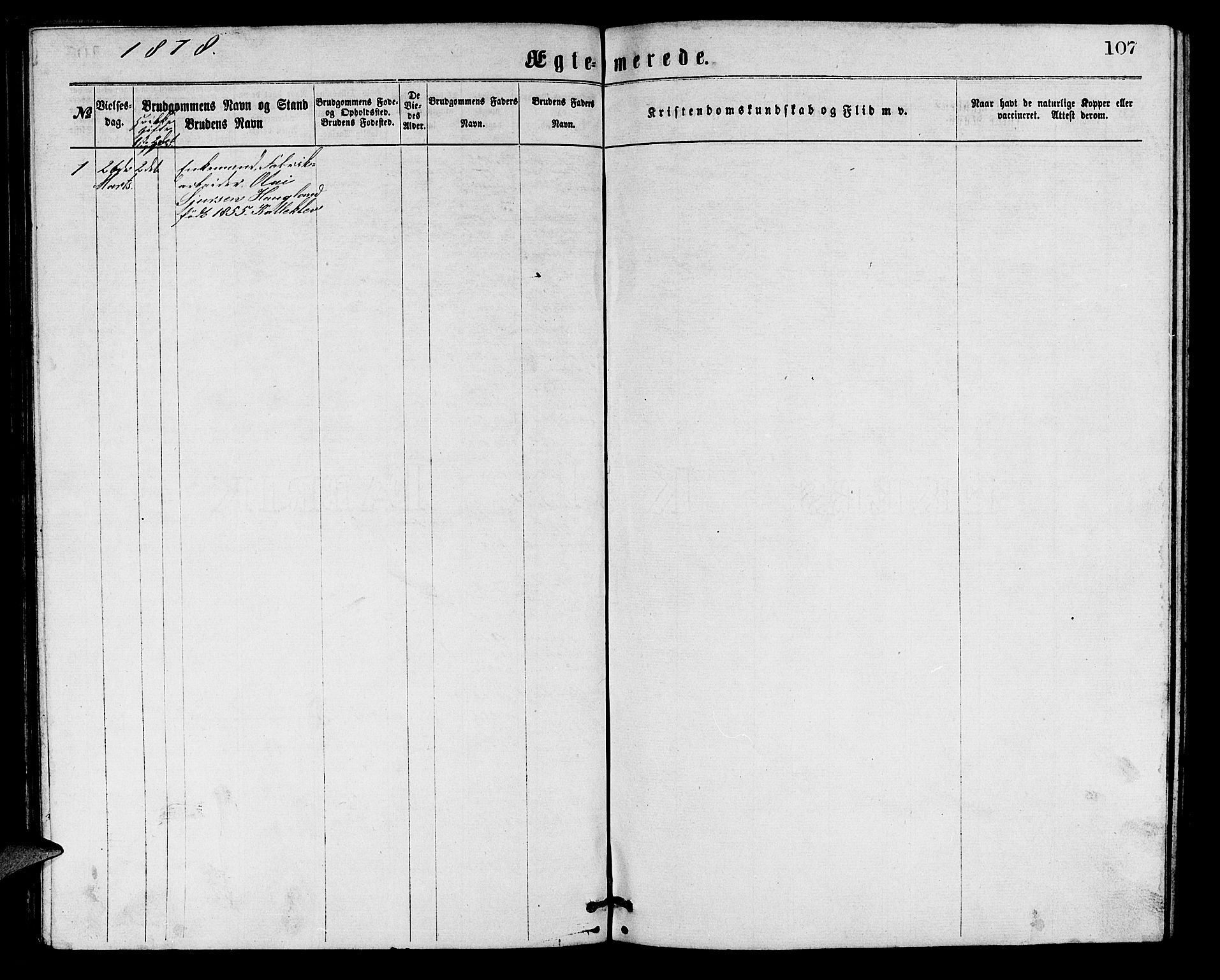 Arna Sokneprestembete, SAB/A-74001/H/Ha/Hab: Parish register (copy) no. A 1, 1869-1879, p. 107