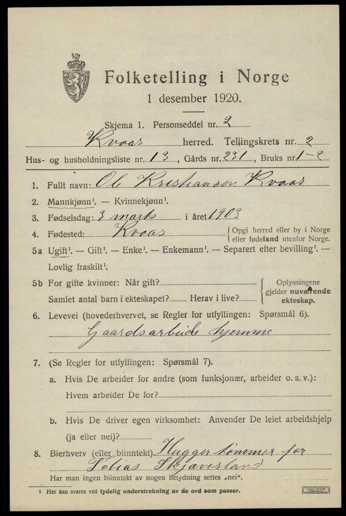 SAK, 1920 census for Kvås, 1920, p. 772