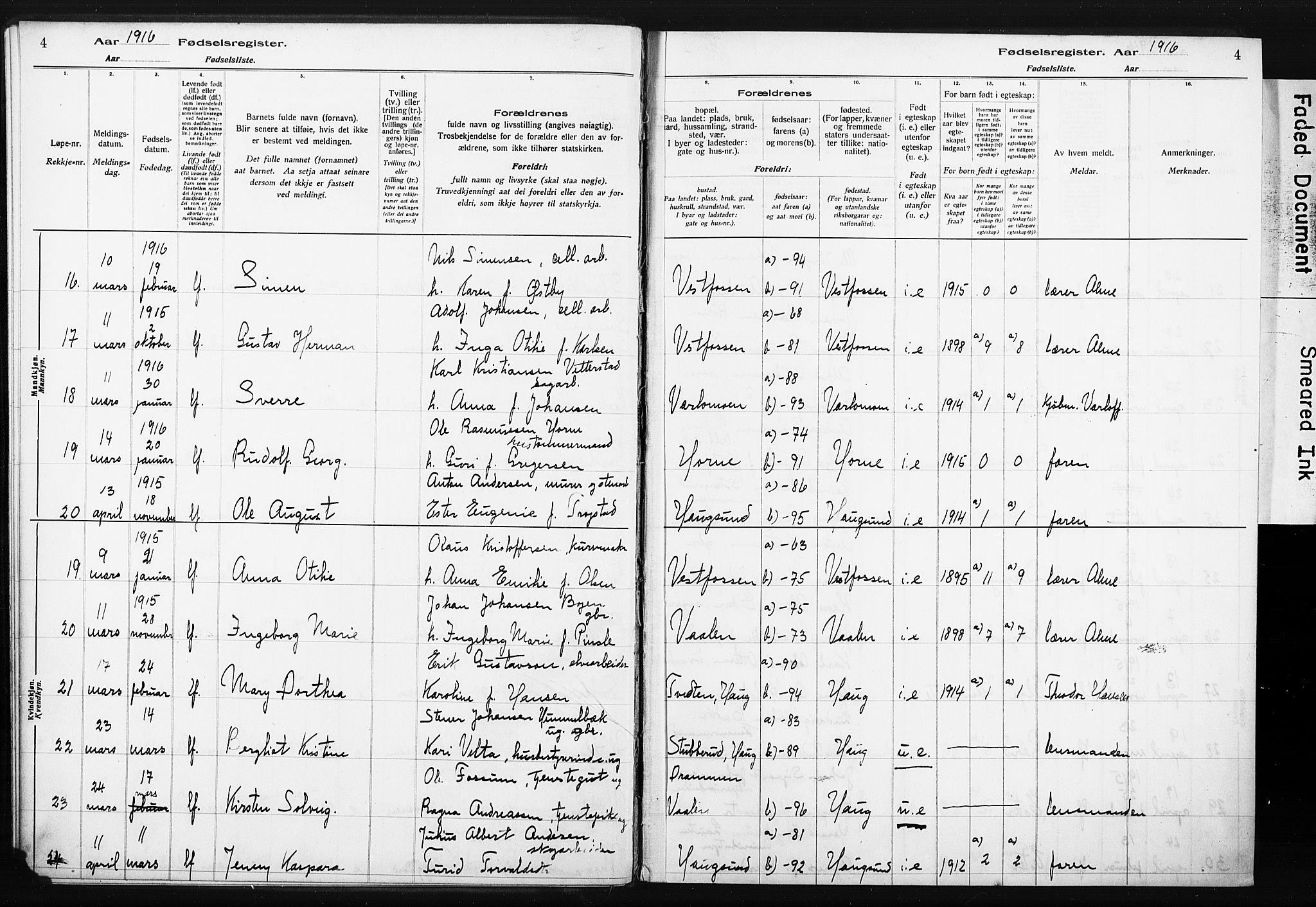 Eiker kirkebøker, AV/SAKO-A-4/J/Ja/L0001: Birth register no. I 1, 1916-1927, p. 4