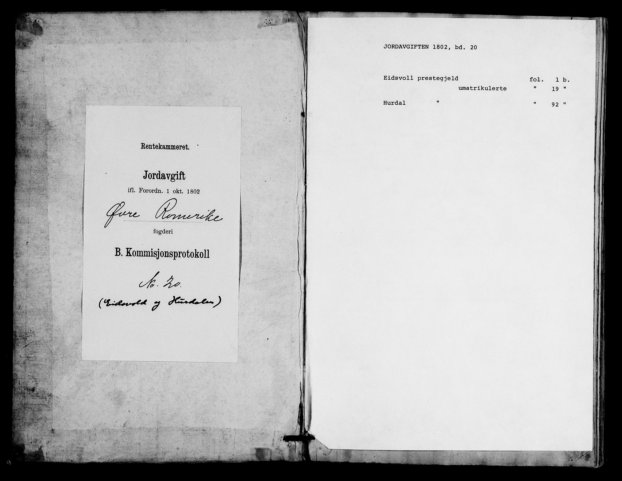 Rentekammeret inntil 1814, Realistisk ordnet avdeling, RA/EA-4070/N/Ne/Nea/L0020: Øvre Romerike fogderi. Kommisjonsprotokoll for Hurdal og Eidsvoll prestegjeld, 1803, p. 1