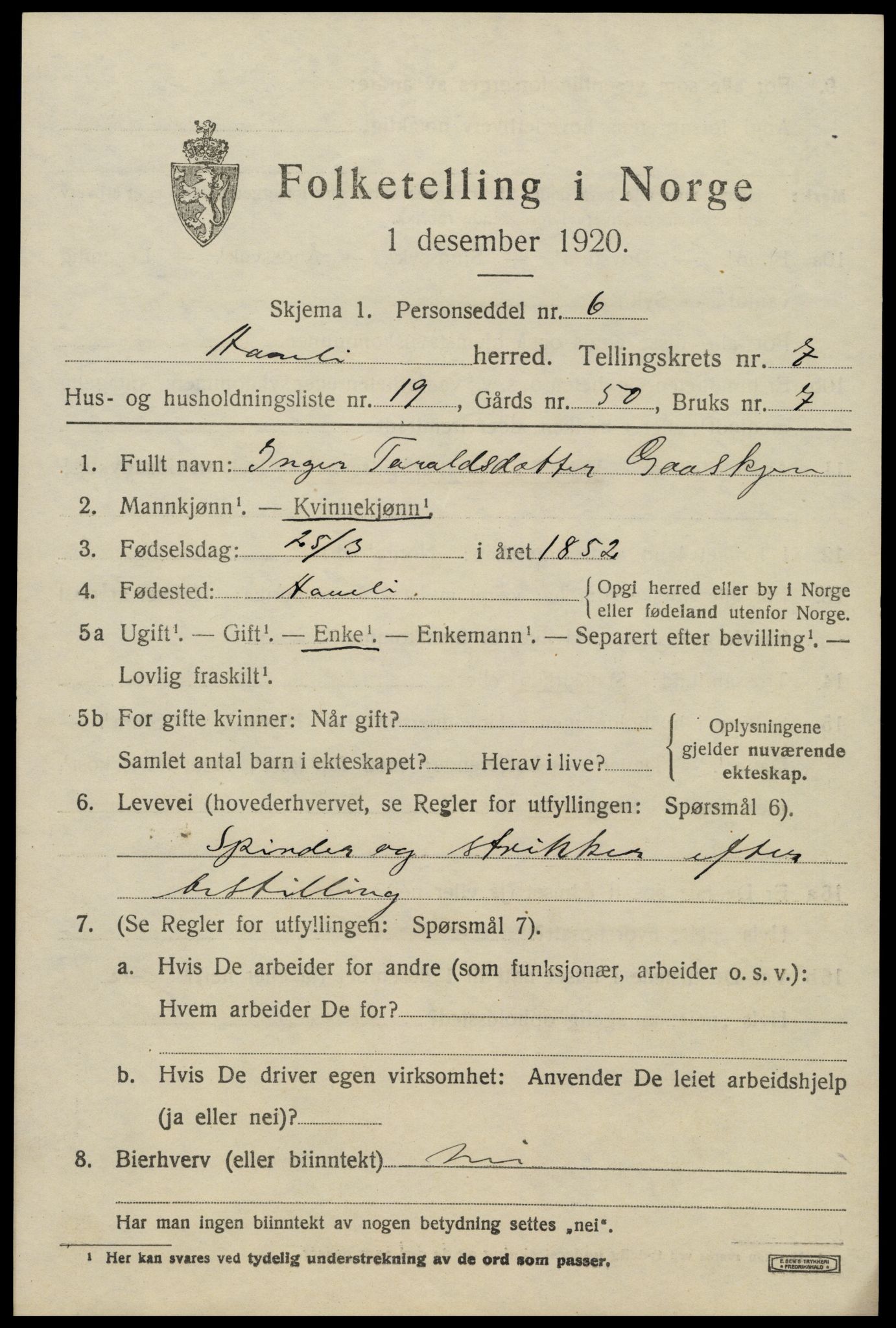 SAK, 1920 census for Åmli, 1920, p. 3175