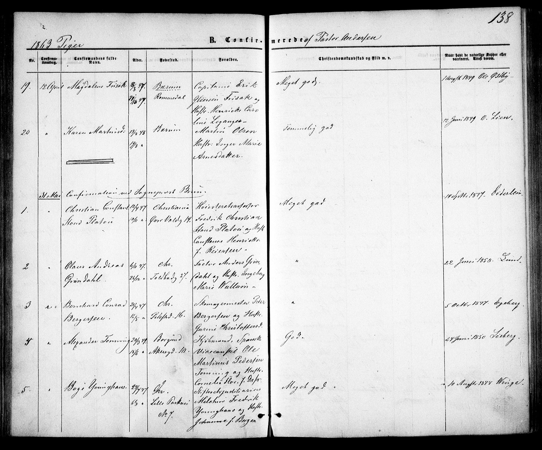 Trefoldighet prestekontor Kirkebøker, SAO/A-10882/F/Fb/L0001: Parish register (official) no. II 1, 1858-1871, p. 138
