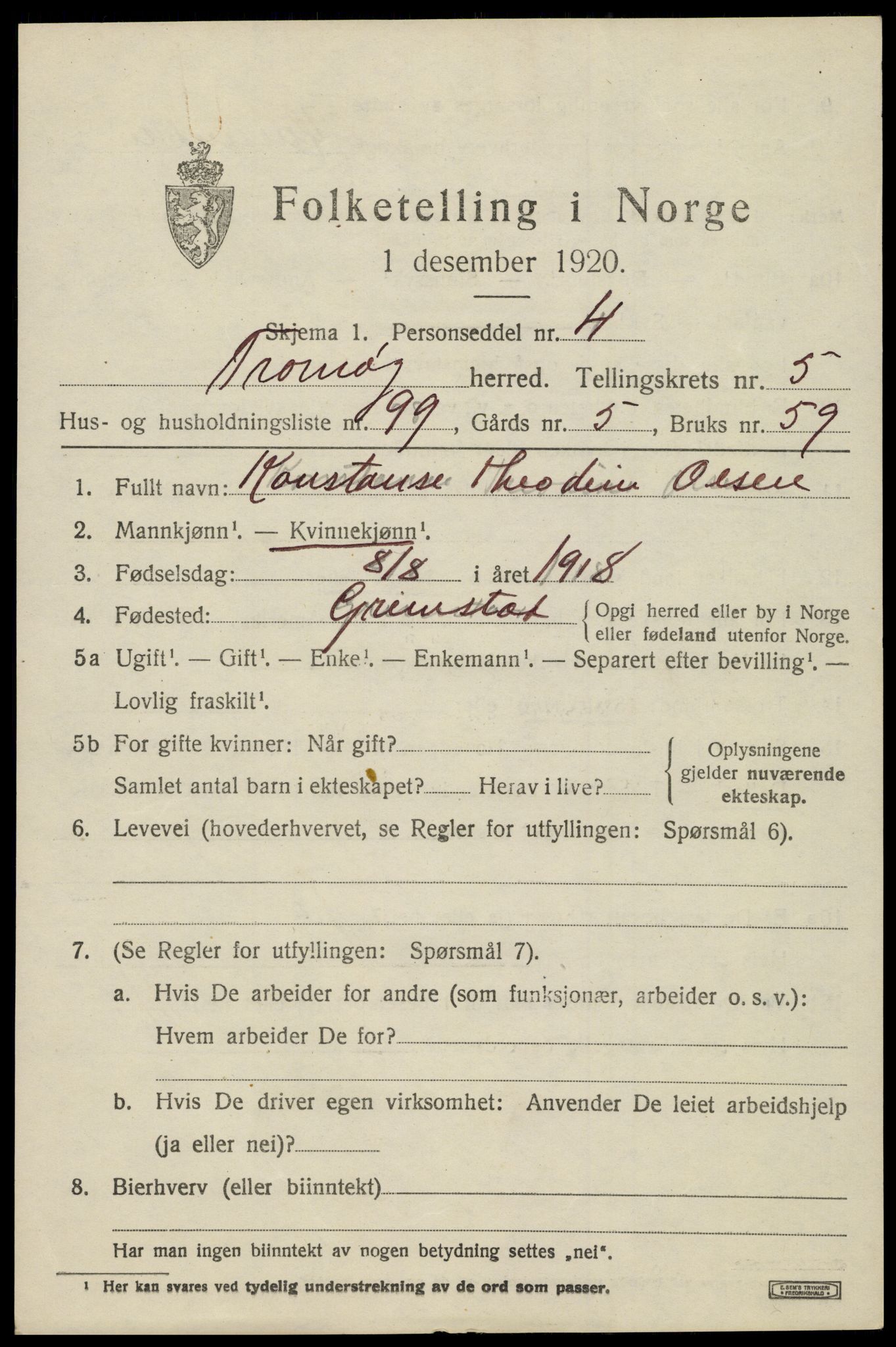 SAK, 1920 census for Tromøy, 1920, p. 3809