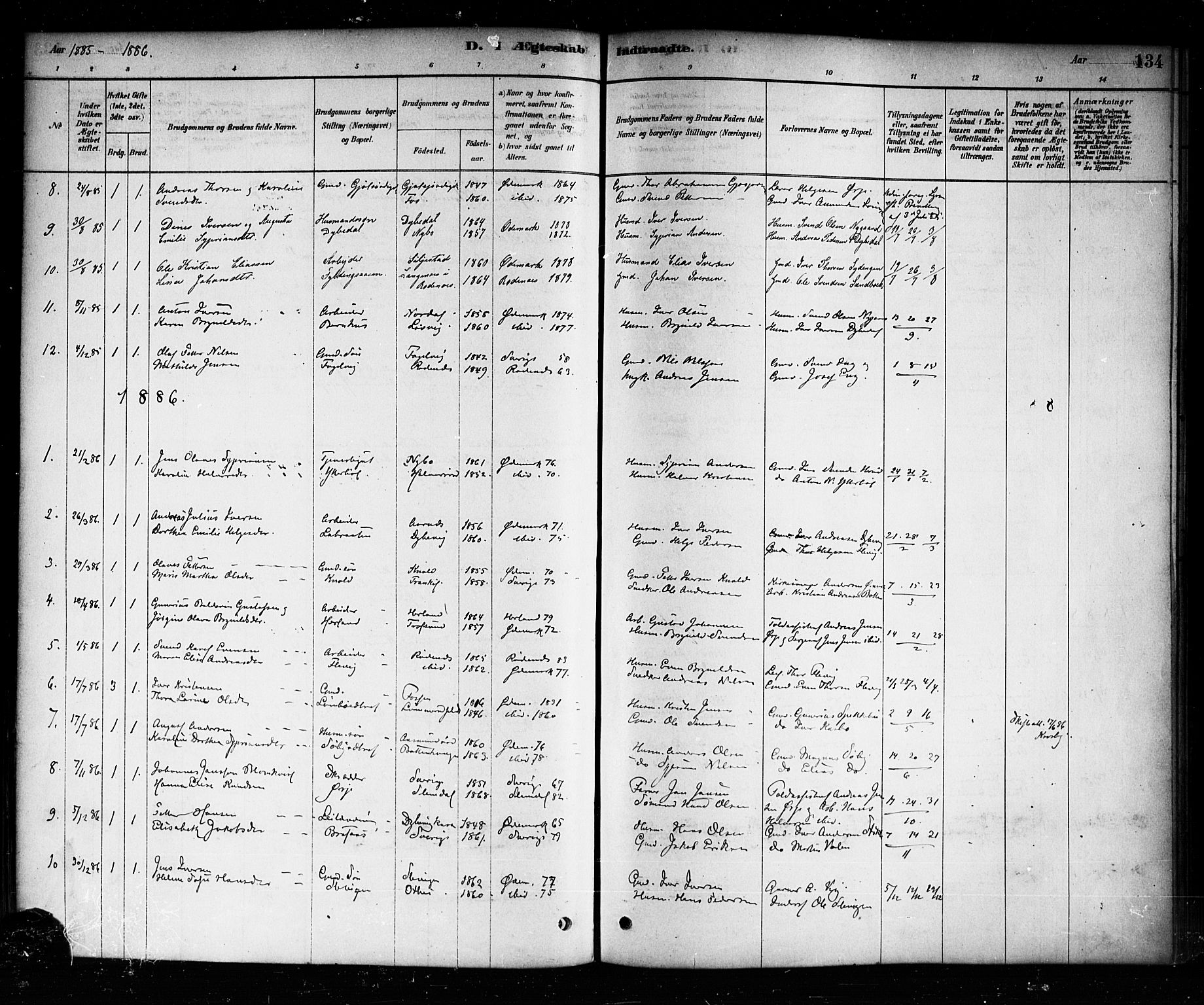 Aremark prestekontor Kirkebøker, SAO/A-10899/F/Fb/L0004: Parish register (official) no. II 4, 1878-1895, p. 134