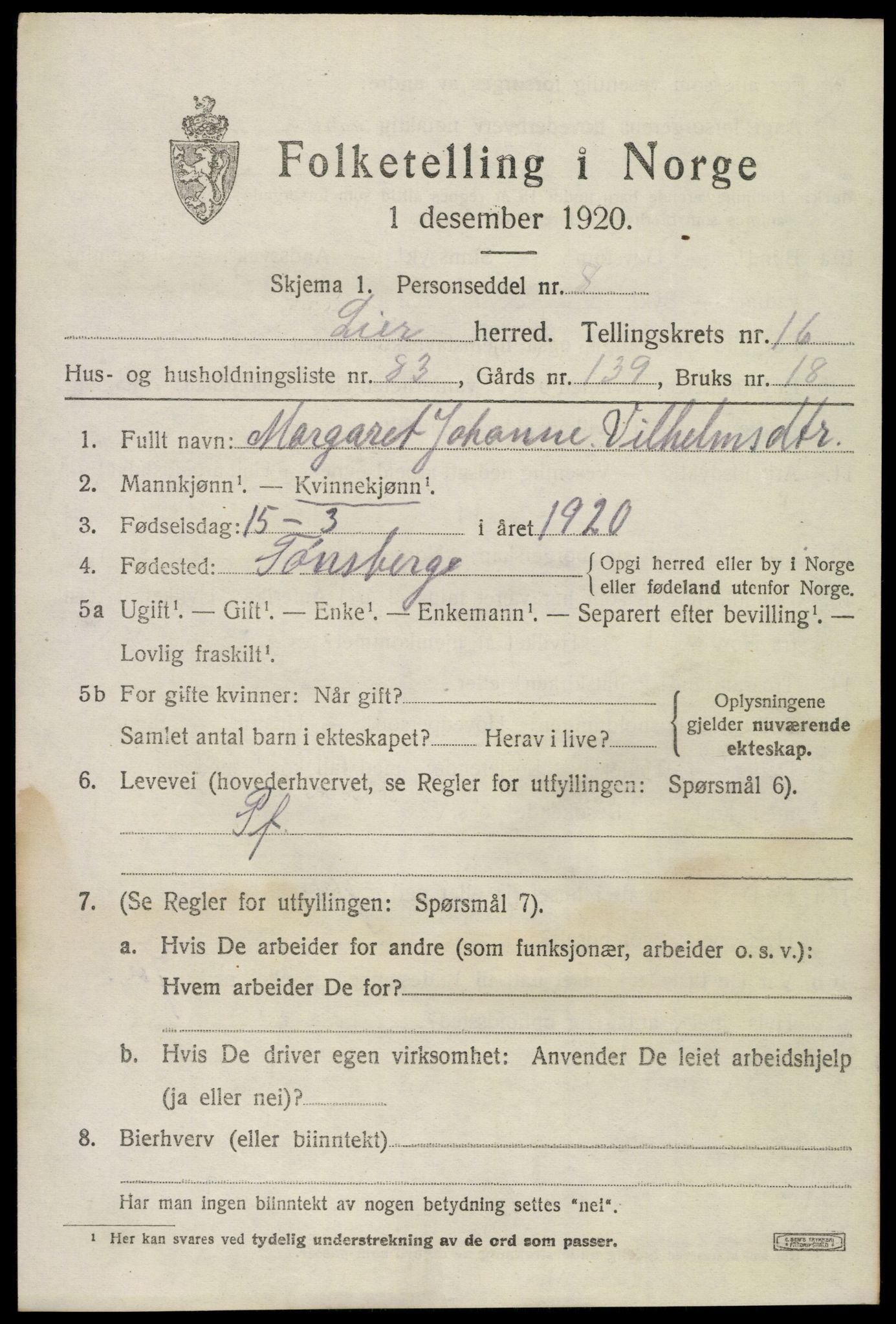 SAKO, 1920 census for Lier, 1920, p. 24364