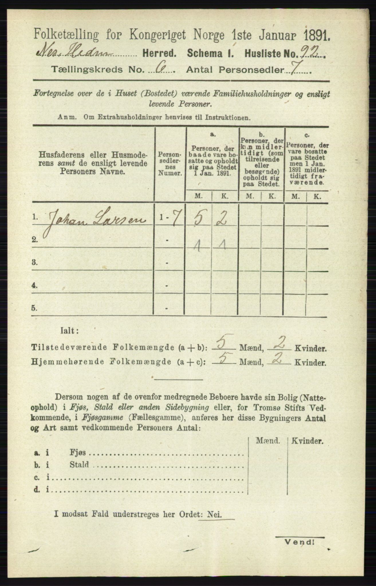 RA, 1891 census for 0411 Nes, 1891, p. 3260