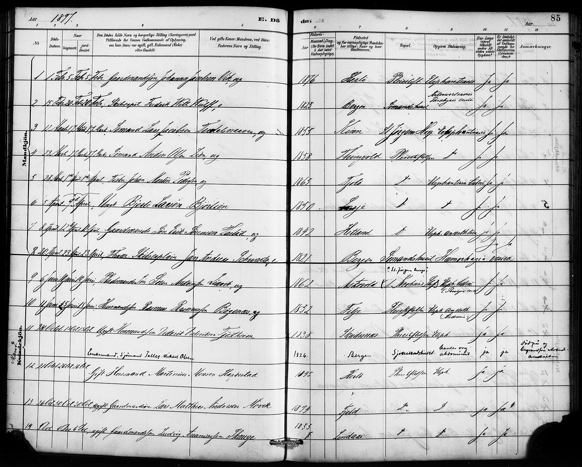 St. Jørgens hospital og Årstad sokneprestembete, AV/SAB-A-99934: Parish register (official) no. A 13, 1886-1906, p. 85