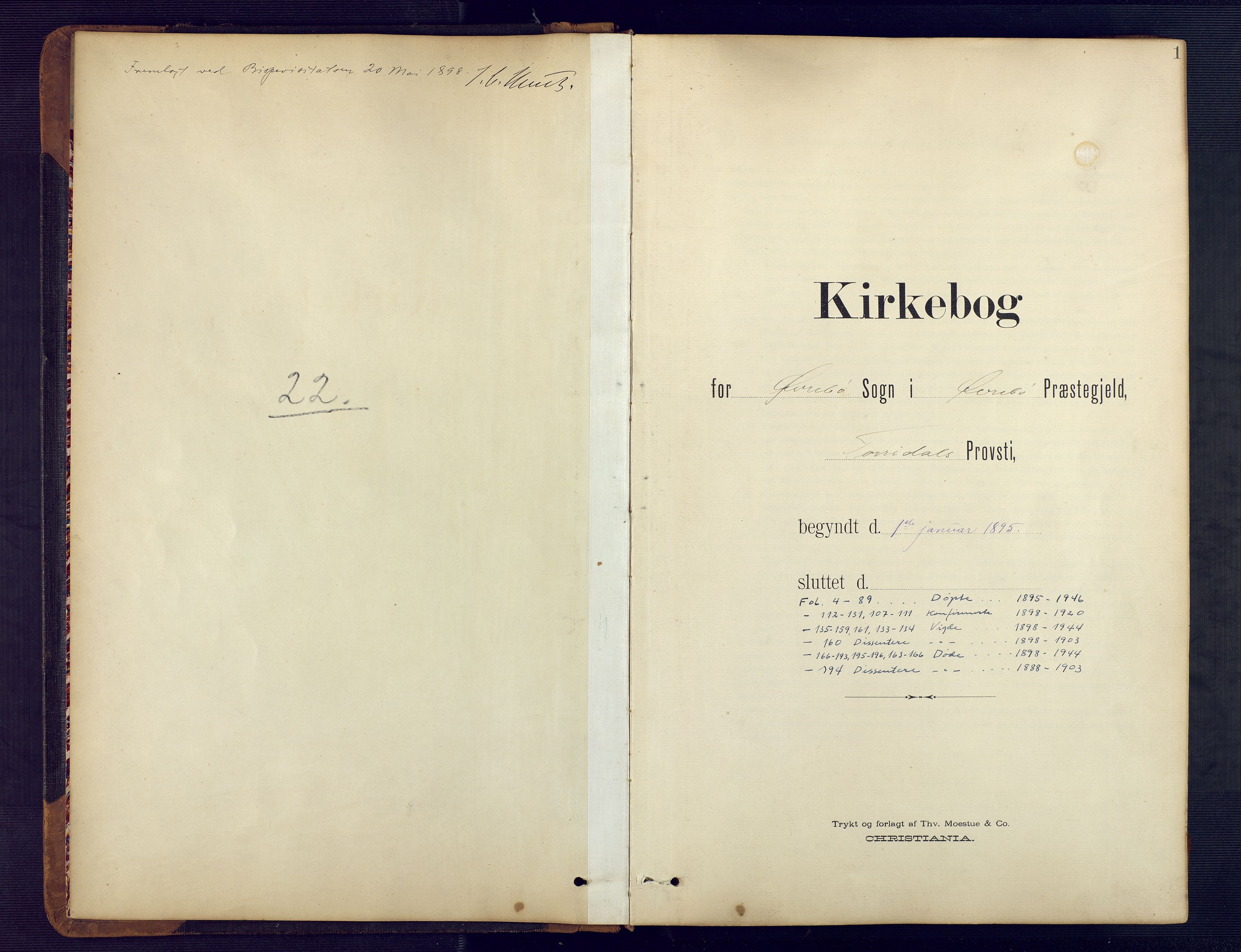 Vennesla sokneprestkontor, SAK/1111-0045/Fb/Fbc/L0003: Parish register (copy) no. B 3, 1895-1946, p. 1